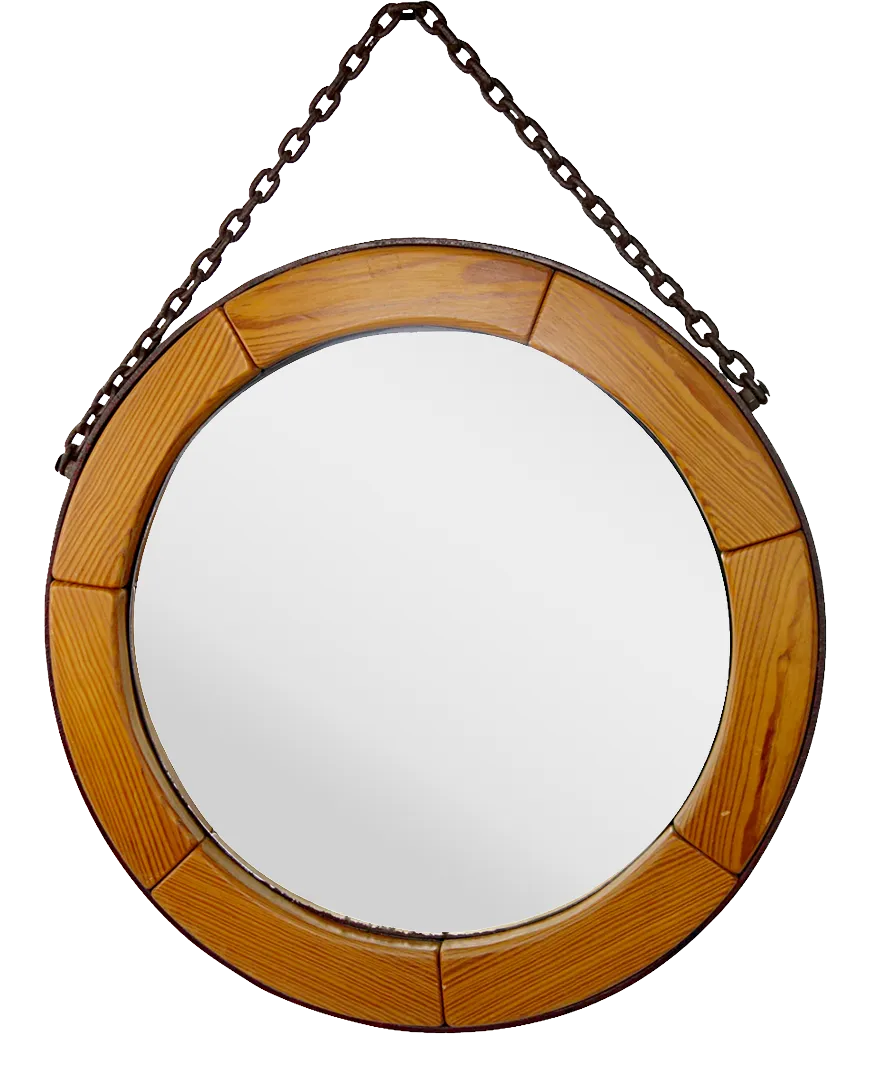 MidCentury Modern Round Wall Mirror with Segmented Wooden Frame