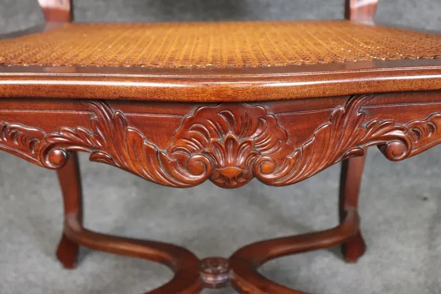Pair Louis XVI Style Cane Back Armchairs With Carved Stretcher Bases