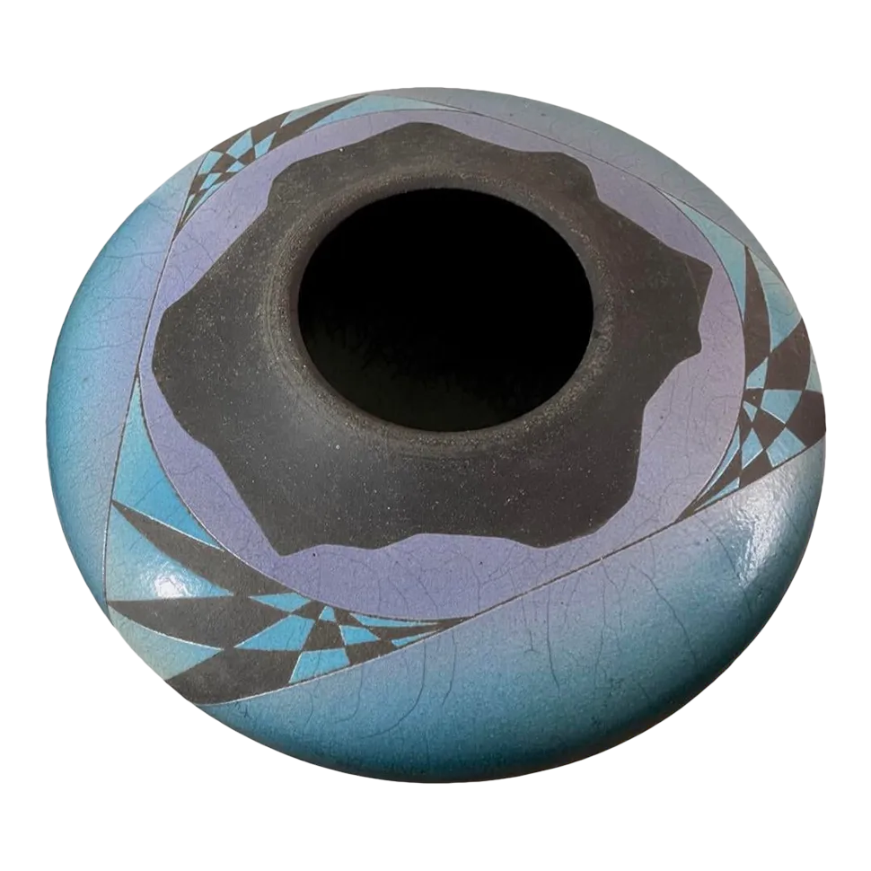 1987 Vintage Wood Fired Blue Geometric Postmodern Crackle Glazed