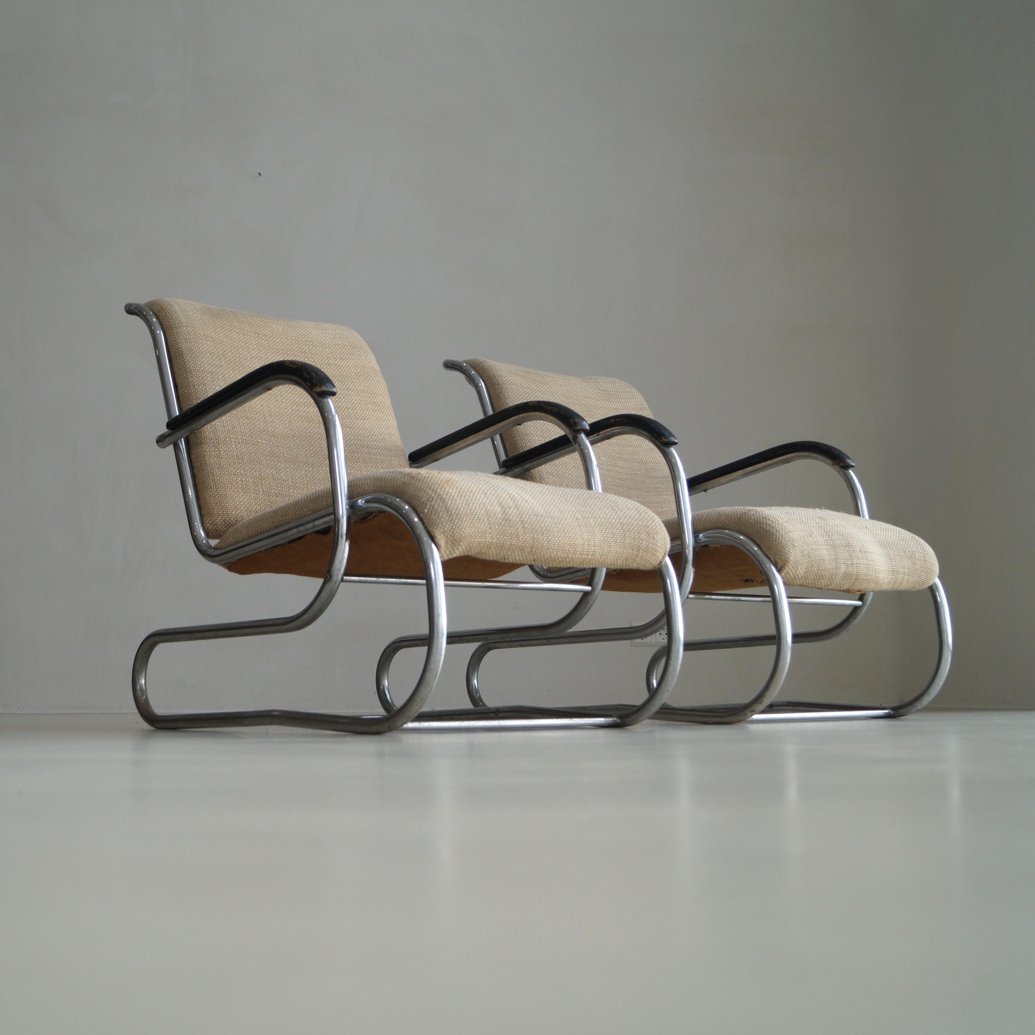 Vintage Bauhaus Lounge Chairs in Tubular Steel by Paul Schuitema for D3, 1930s, Set of 2