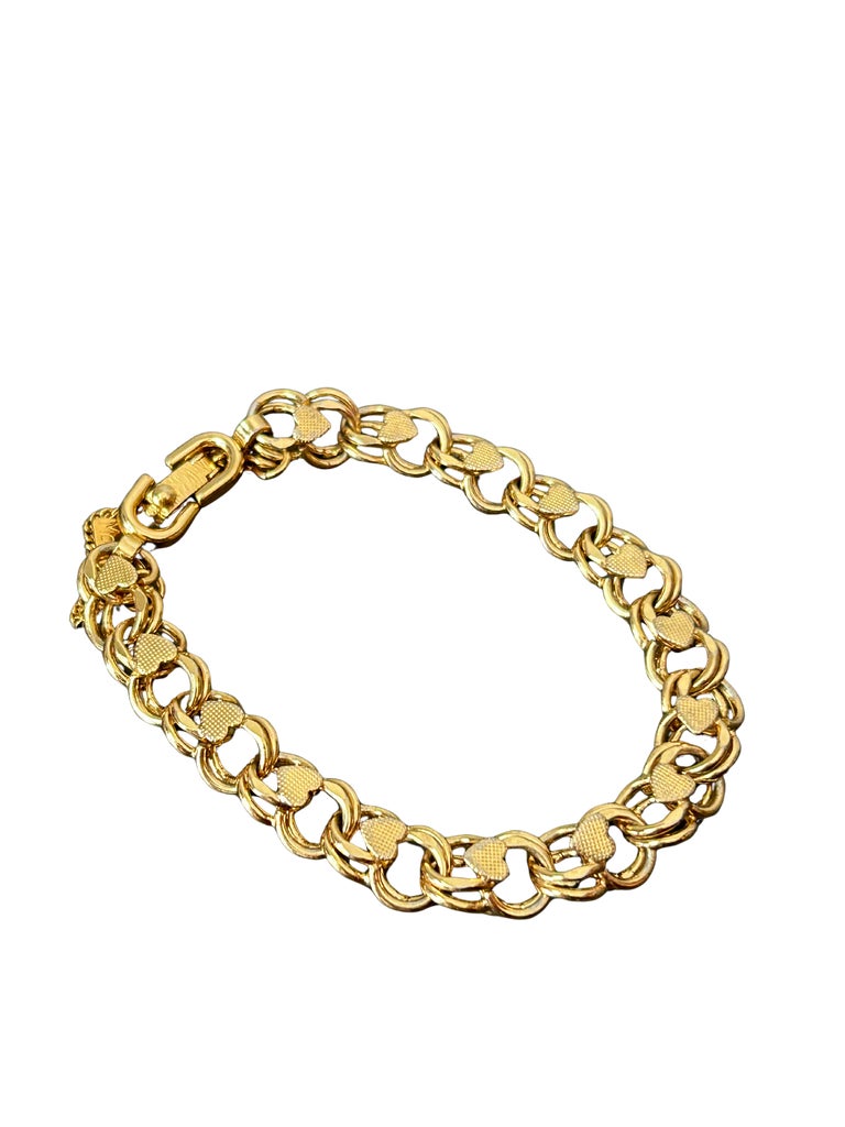 Vintage Monet Signed Gold-Tone Textured Heart Link Charm Bracelet 
