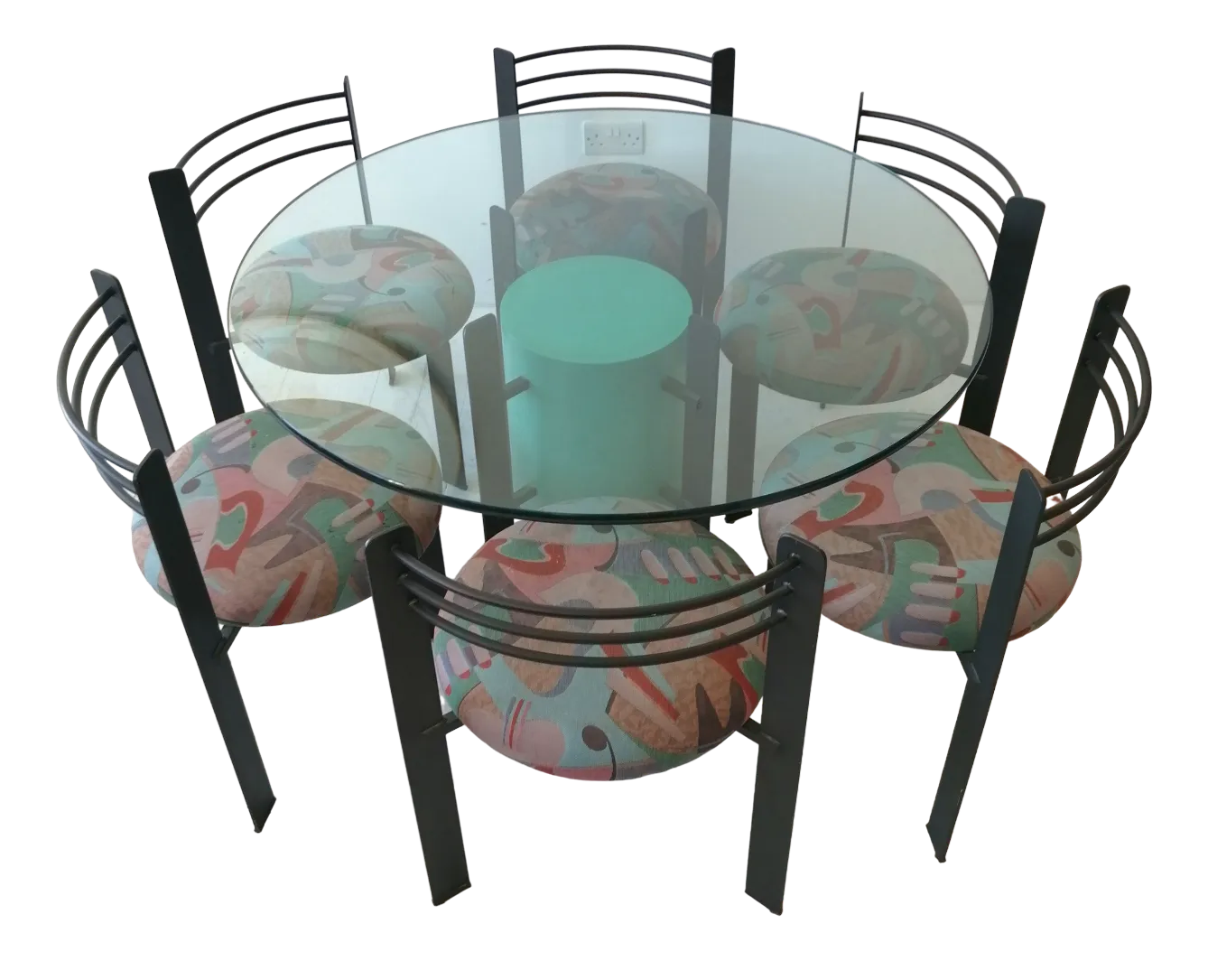 Postmodern PowderCoated Steel, Plywood & Glass Dining Table with 6