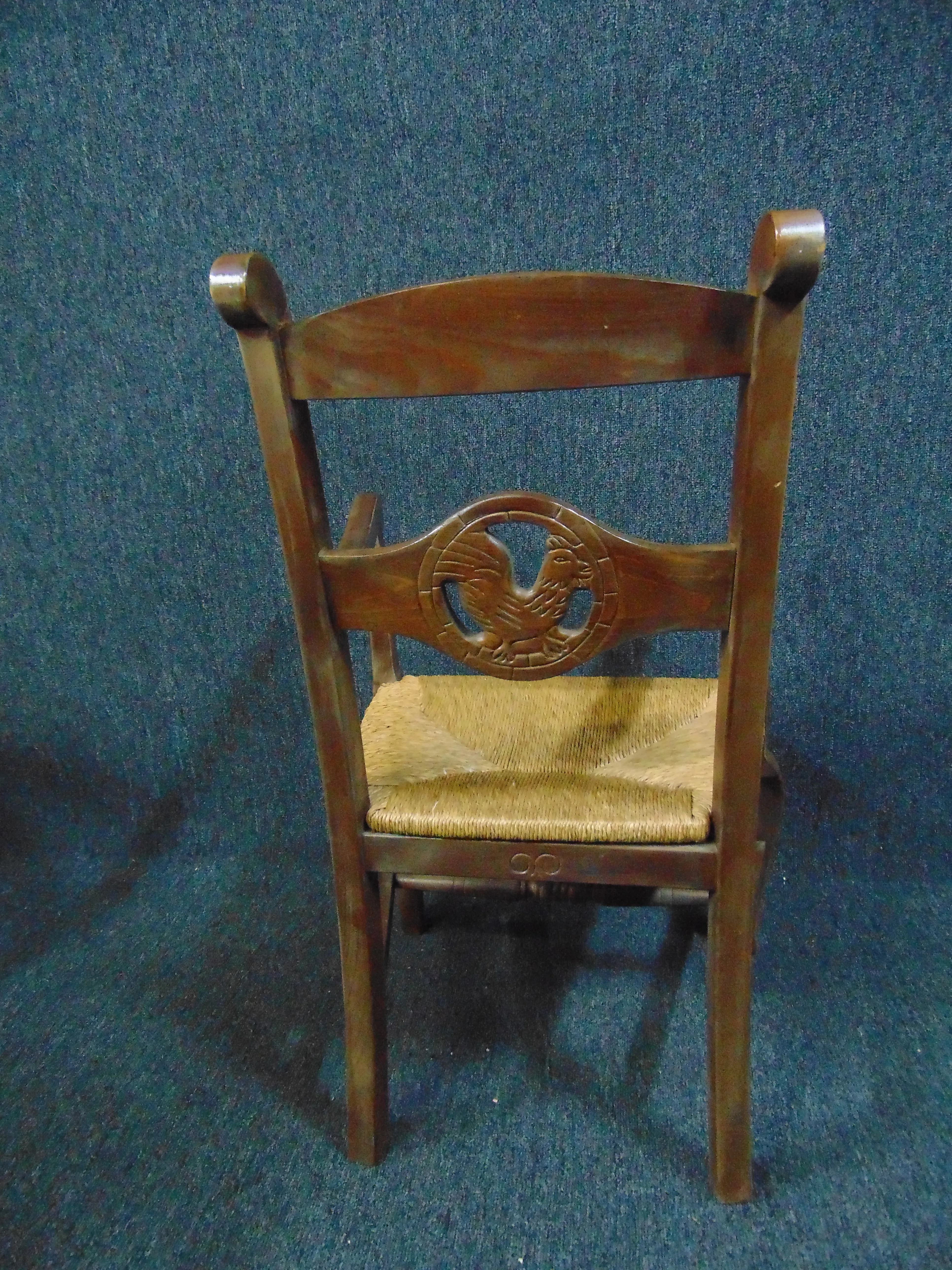 Country French Fruitwood Rooster Carved Rush Seat Arm Chair