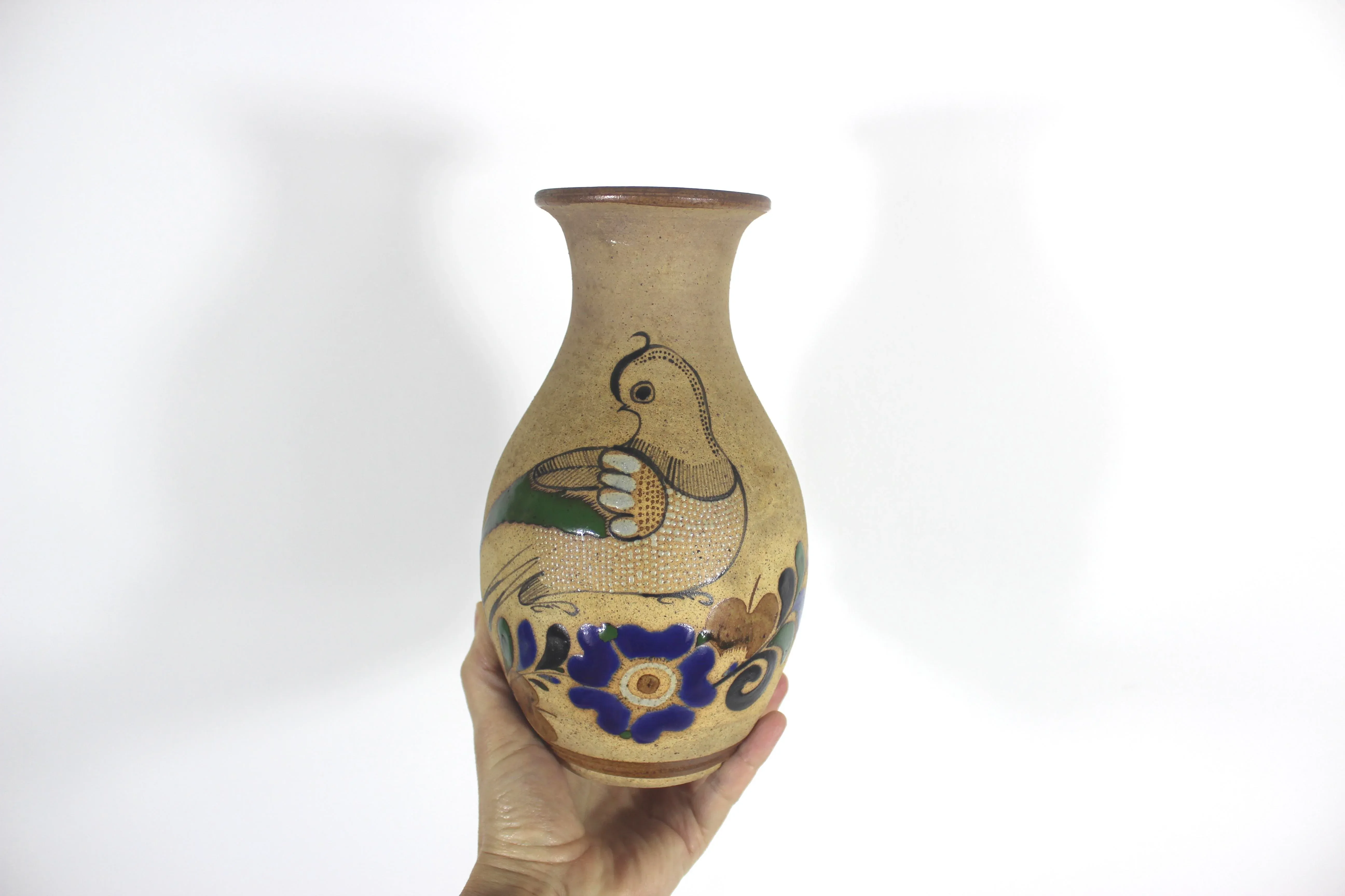 Vintage Mexican Pottery Vase With Bird Blue Brown Tonala Mexico Glazed Interior Stoneware Vase Signed