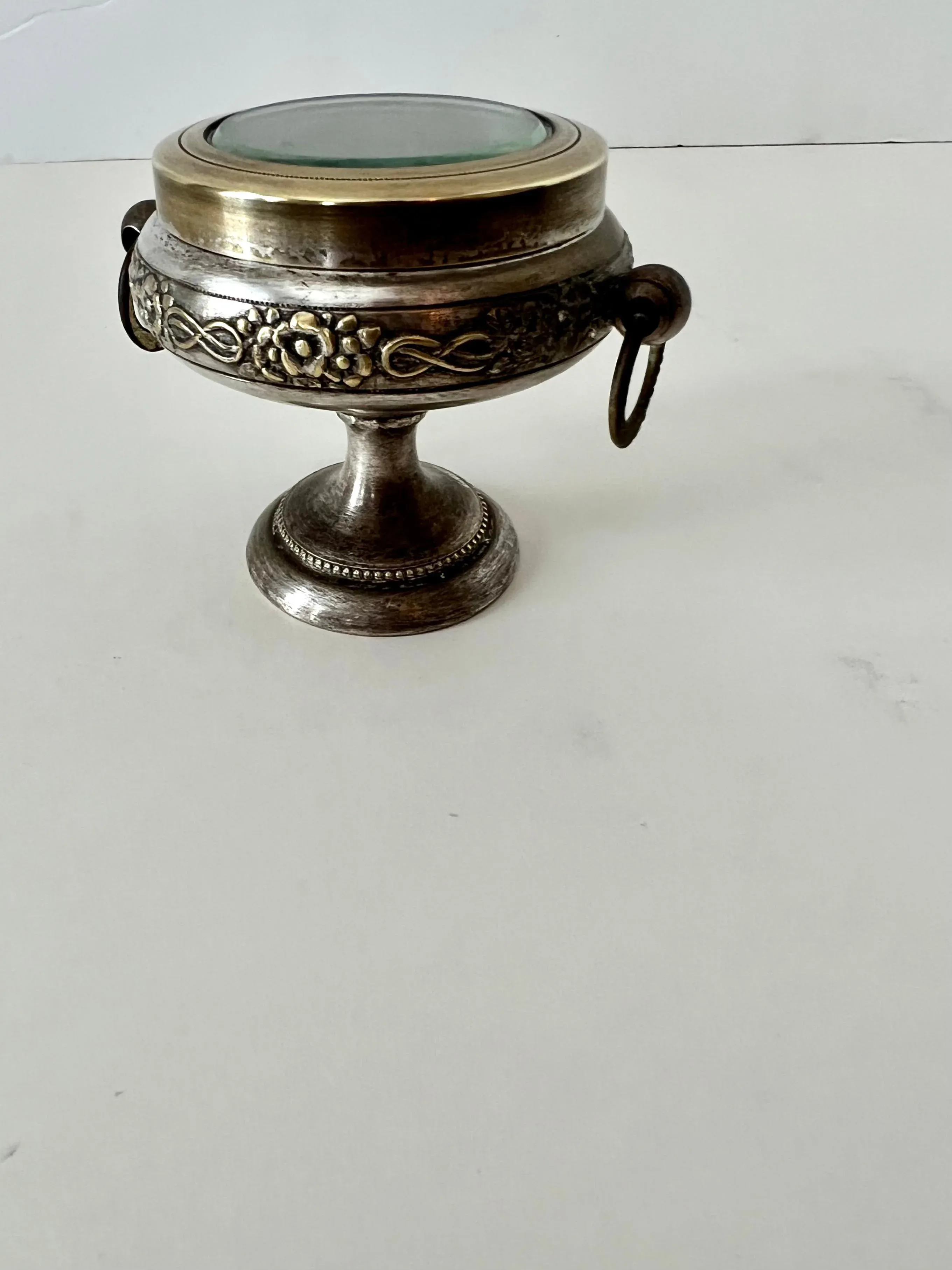 Early 20th Century Repoussé Pedestal Casket Box of Brass & Metal with Glass Lid