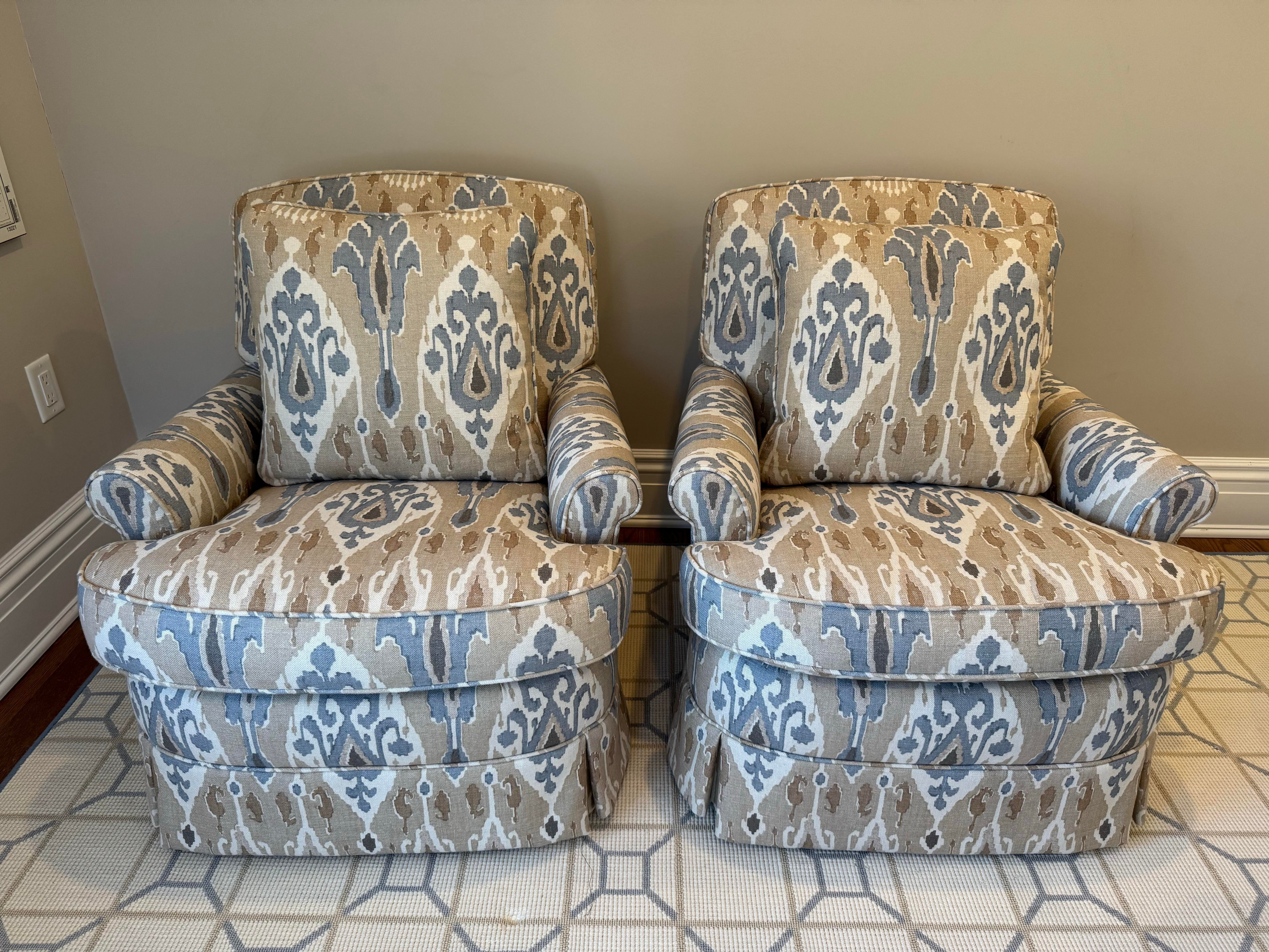 Newly Upholstered Pair of Odom Style Skirted Club Chairs in