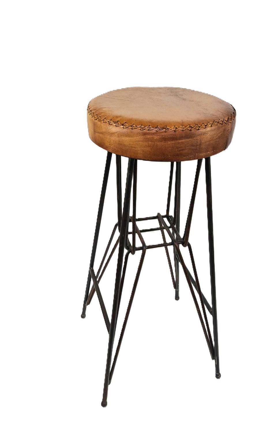 Vintage Industrial Metal Stool with Leather Seat, 1960s