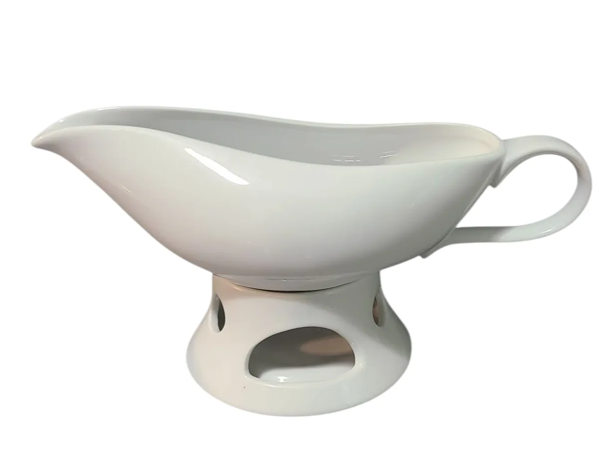 Late 20th Century White Porcelain Nantucket Gravy Sauce Boat and Warmer Stand