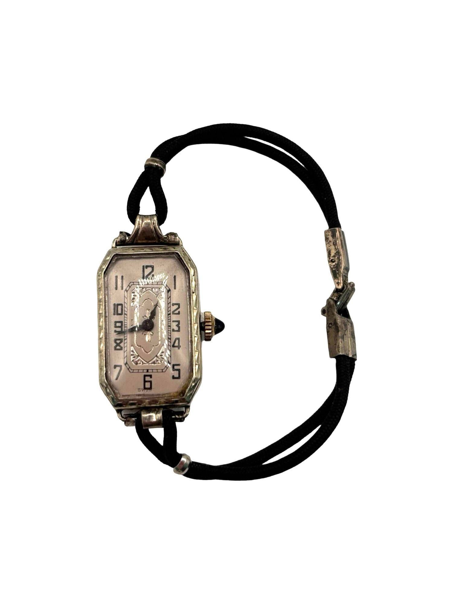 1920s Art Deco 14k White Gold Filled Womens Watch W/ Silk Cord