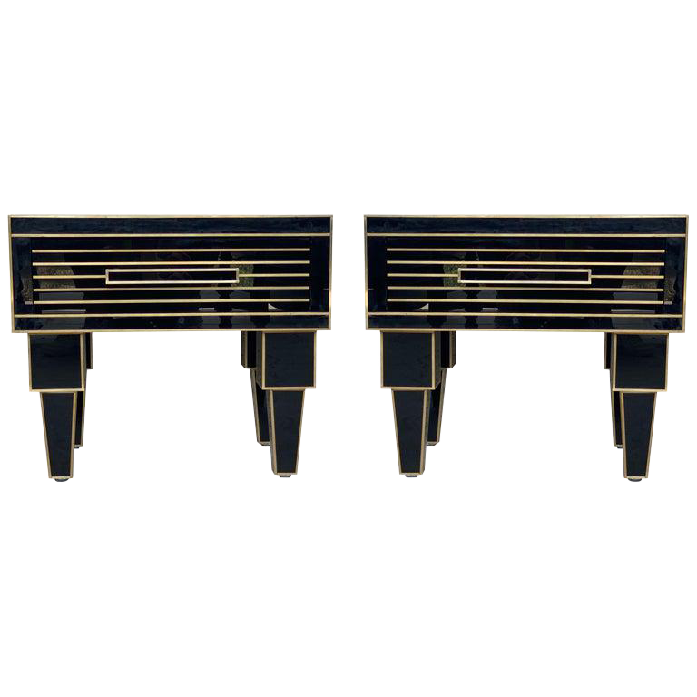 New Pair Of Mirrored Low Nightstand In Black Mirror And Chrome With Drawer Chairish