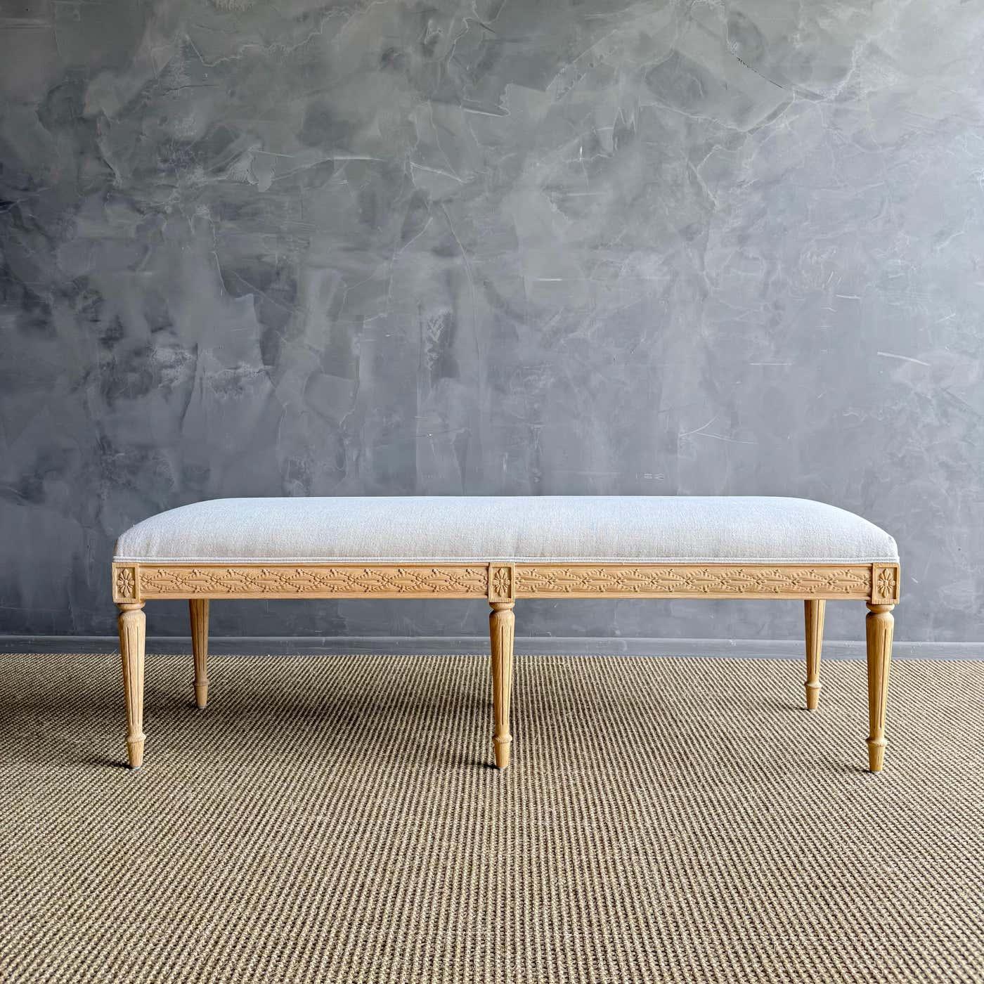 White Oak Carved French Louis XVI Style Bench Upholstered in Linen