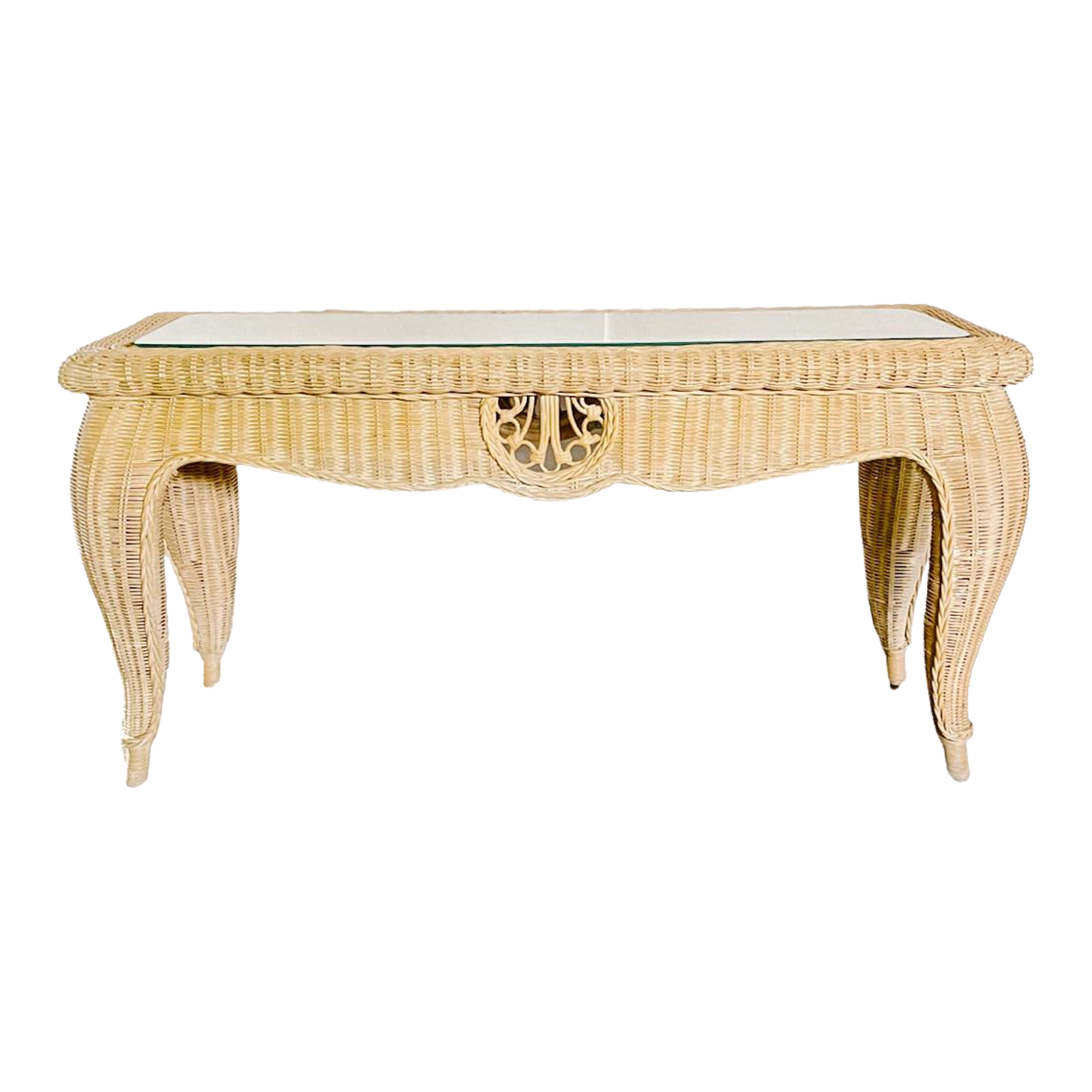 Vintage Coastal Woven Rattan Console Table With Glass Top Chairish