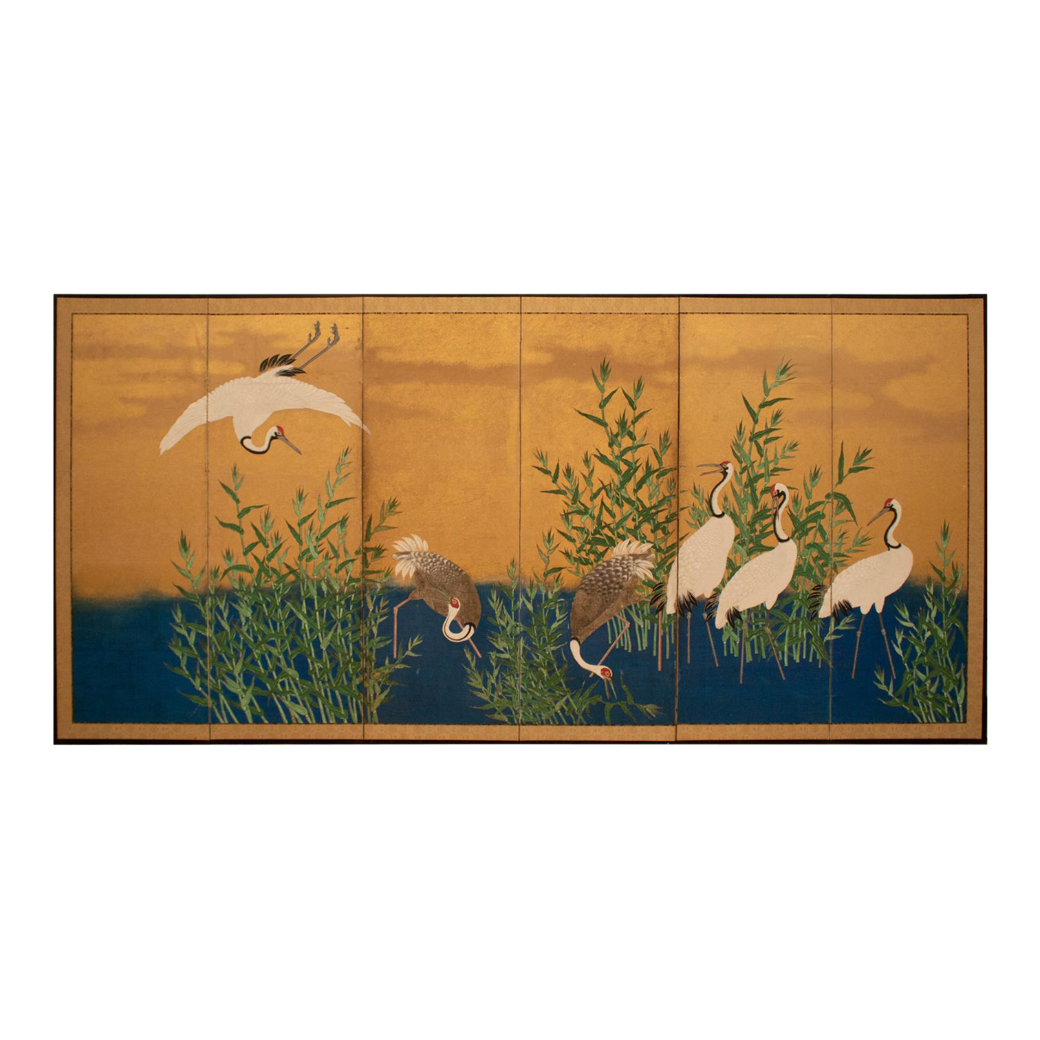 Meiji Era Monumental Yamato-E Screen With Red-Crowned and