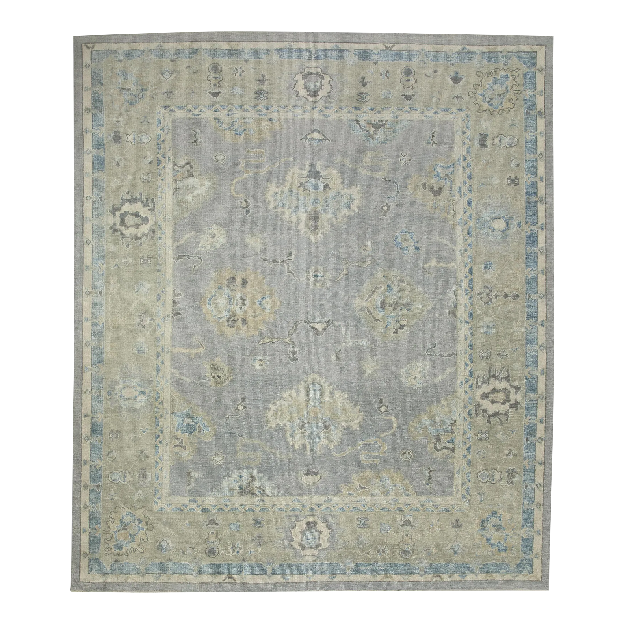Early 21st Century Gray & Green Floral Design Handwoven Wool Turkish Oushak Rug 8\' X 9\'6\