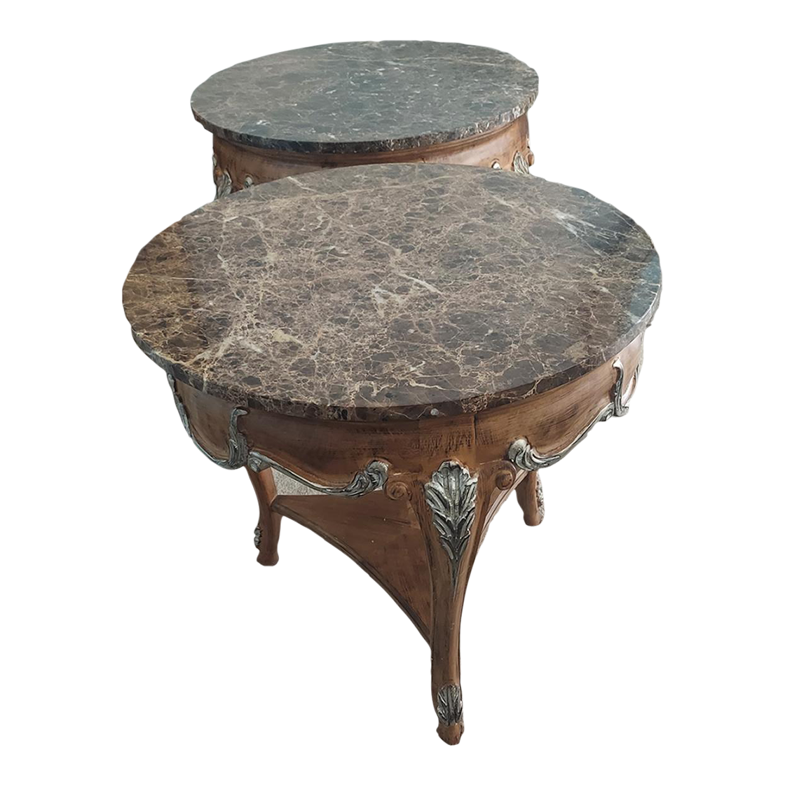 Late 20th Century Vintage Carved Wood Marble Side Tables a Pair