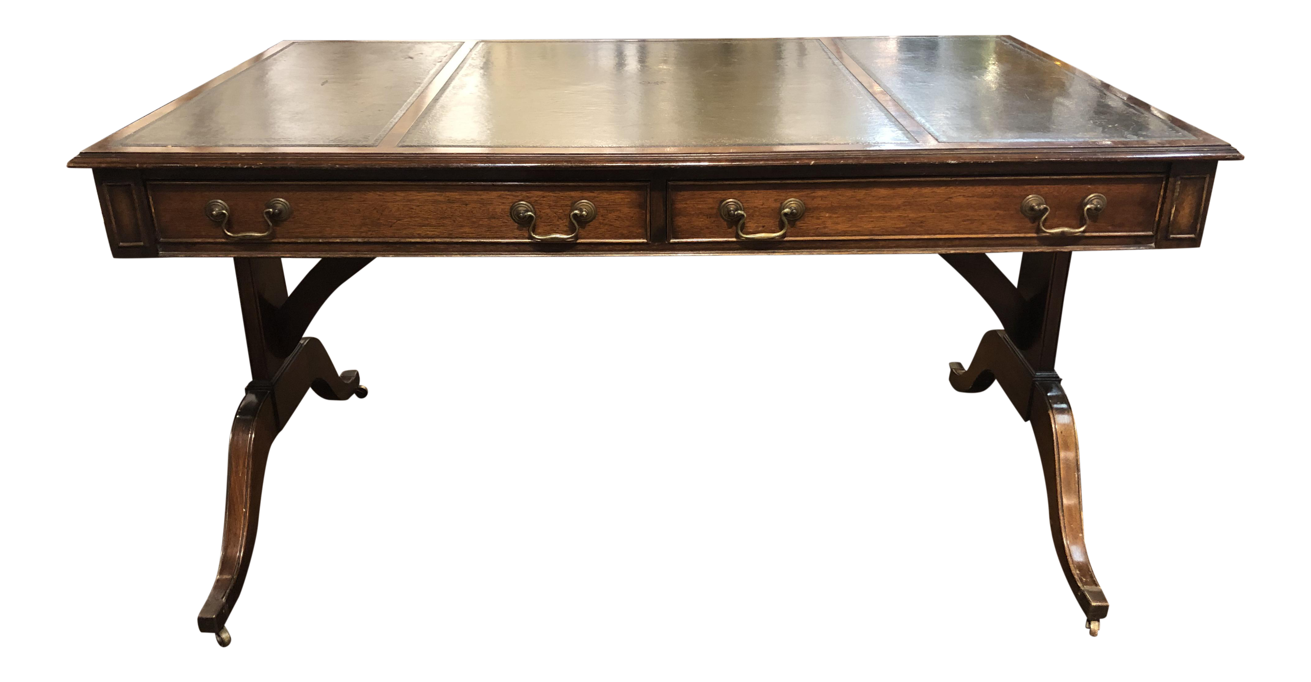 Antique Regency Style Dark Green Leather Top Writing Desk With 2