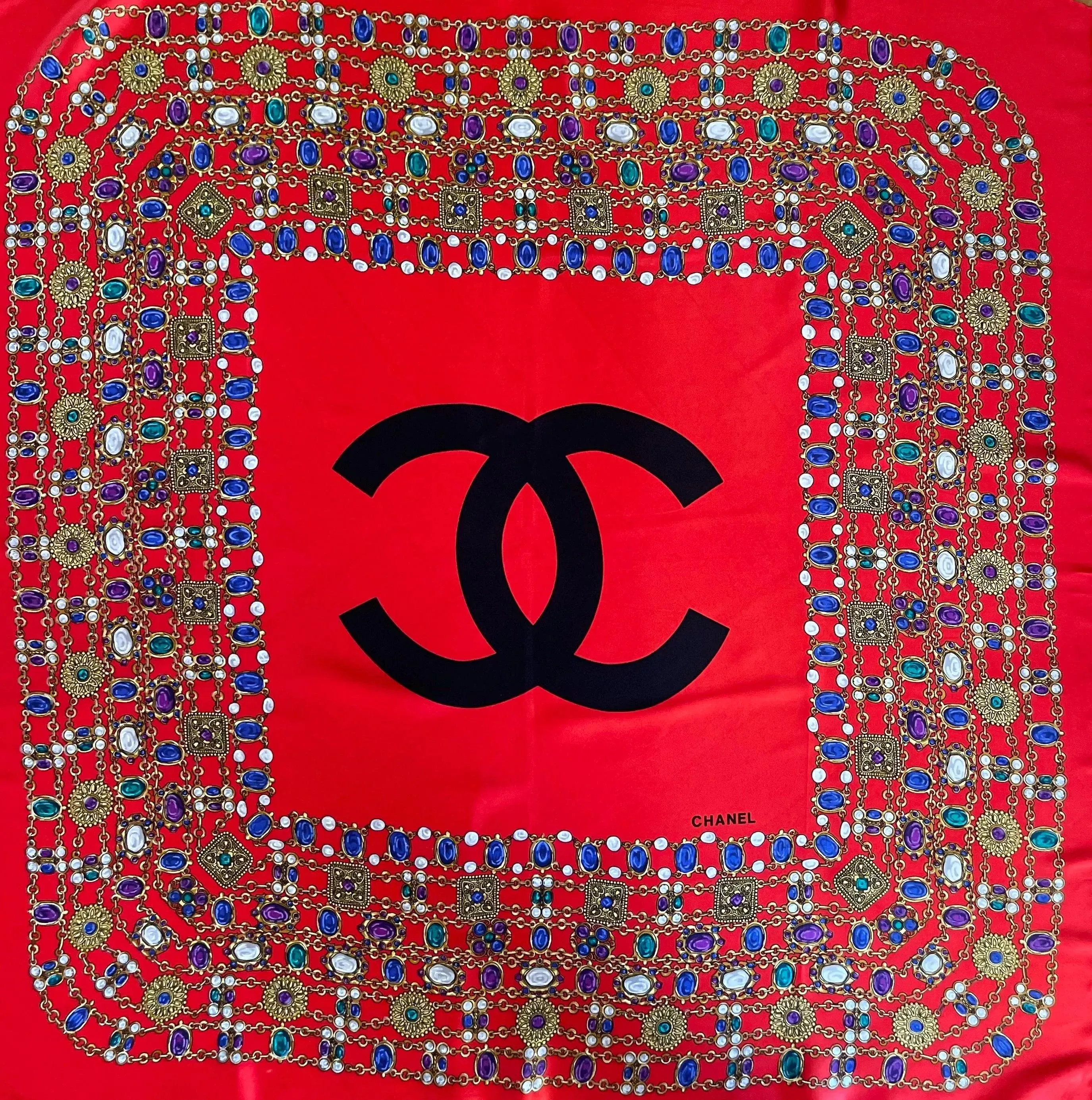 Chanel Silk Scarf Red Gripoix | Chairish