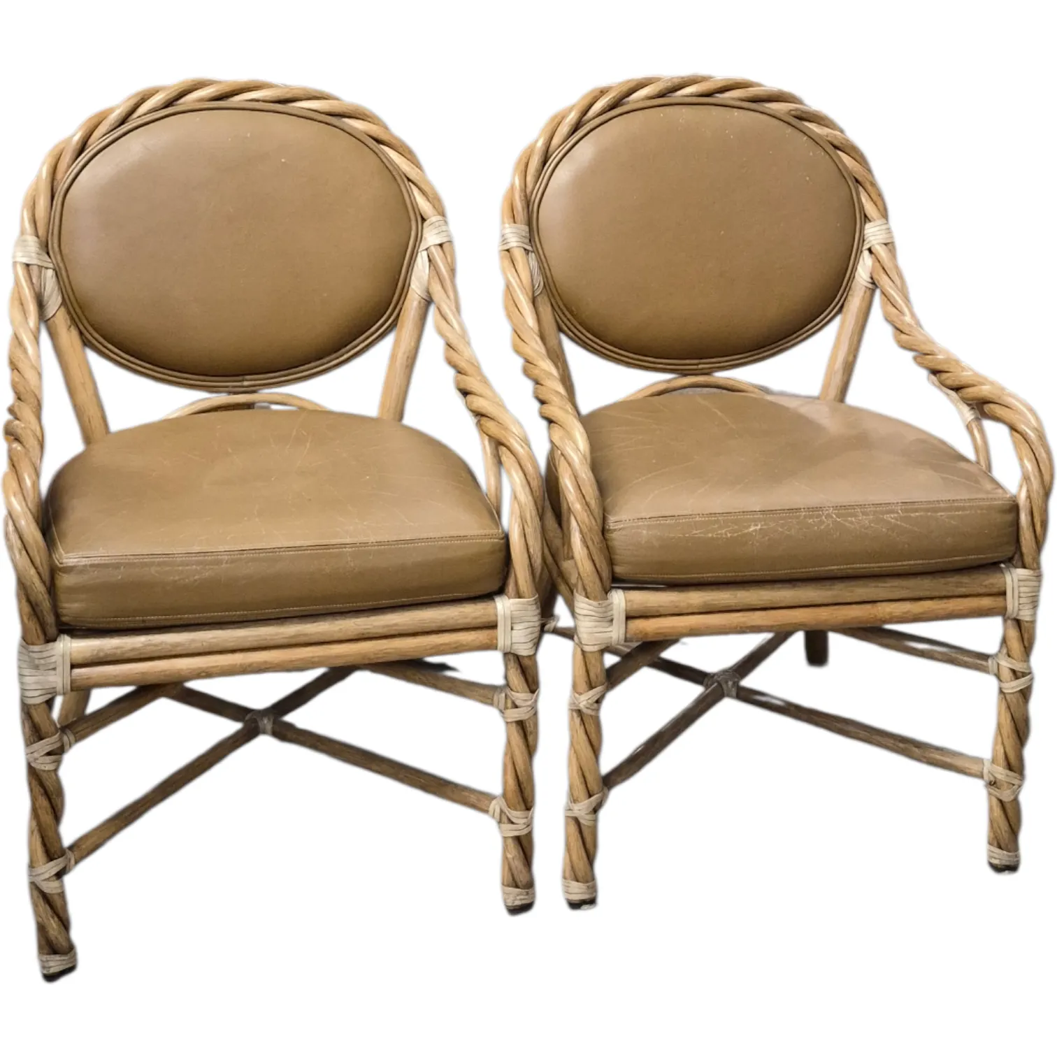 Pair of Vintage Rattan Dining Chairs With Braided Details and Leather-Wrapped Frames Attributed to McGuire