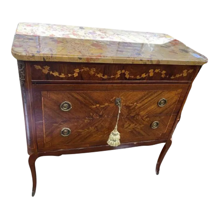 Late 19th Century Antique Louis XV Style Brass Mounted Marquetry Kingwood Marble-Top Bureau Chest of Drawers