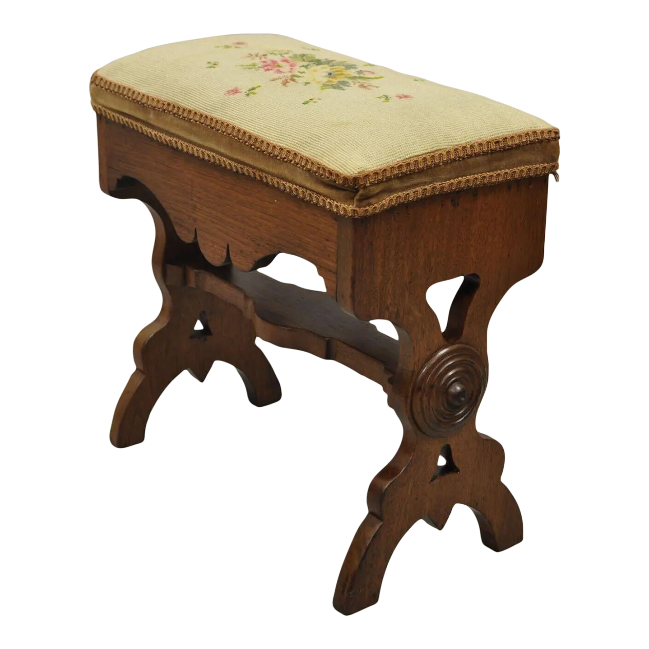 Antique Eastlake Victorian Carved Walnut Stool Bench With Needlepoint