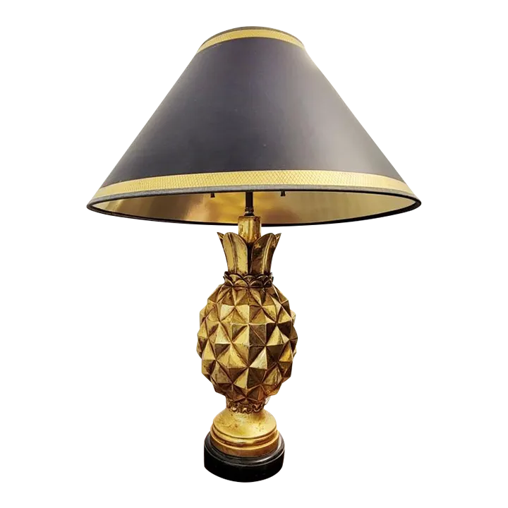 Mid Century Gold Leaf Pineapple Table Lamp With Black Shade Chairish