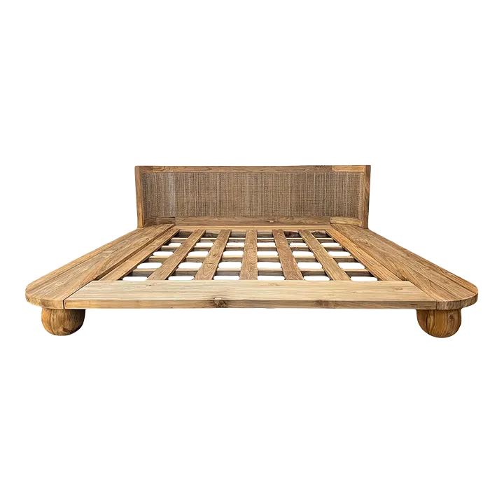 Modern Teak & Rattan Platform Queen Bed Chairish