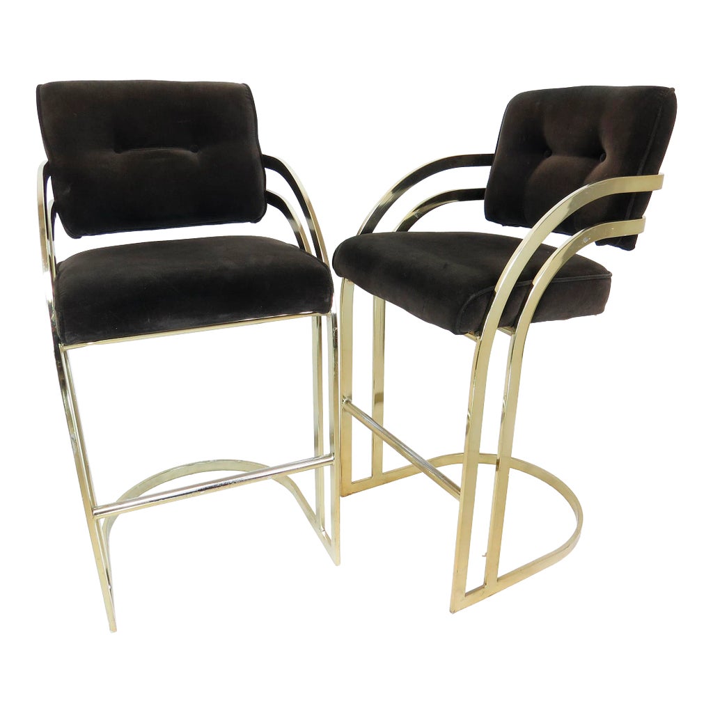 Vintage Brass Cantilever Bar Stools With Dark Brown Velvet by Cal-Style ...