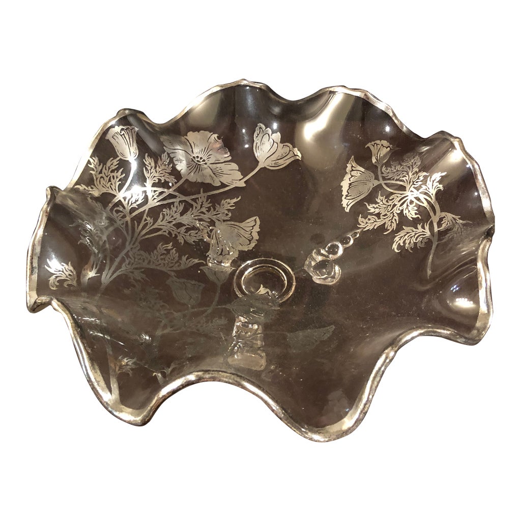 Mid 20th Century Wavy Glass Rim Bowl With Floral Overlay | Chairish
