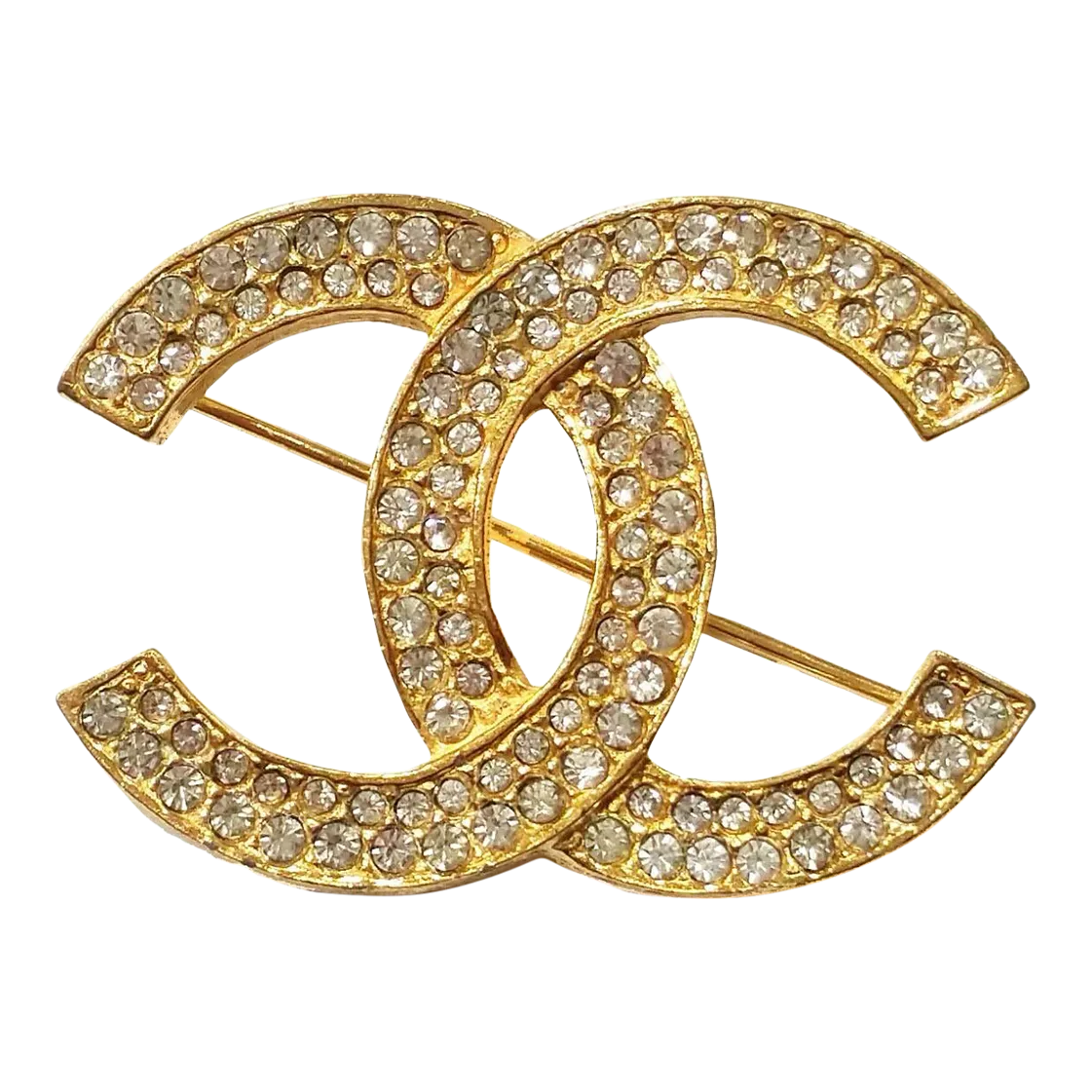 Chanel Vintage Classic Gold Plated CC Silver Crystal Brooch