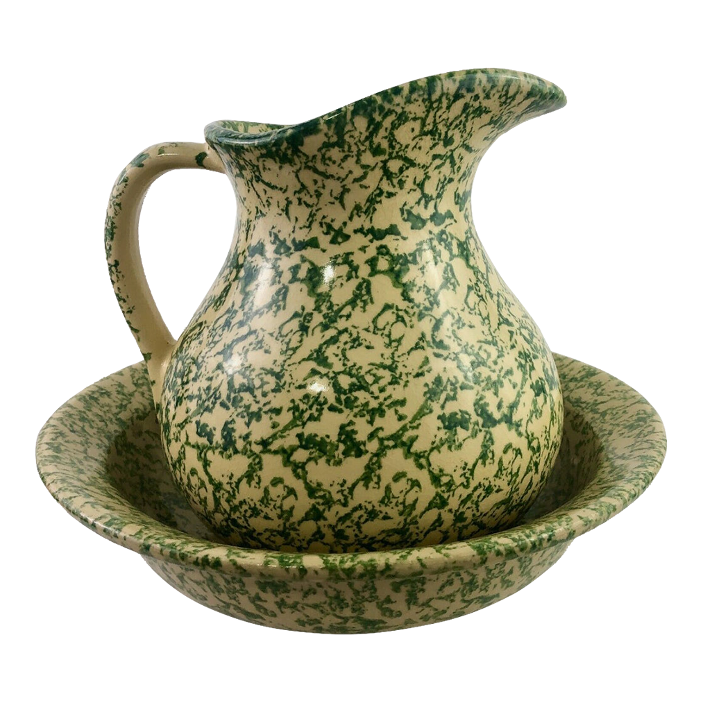 1970s Robinson Ransbottom Roseville Ohio Water Pitcher and Bowl Green