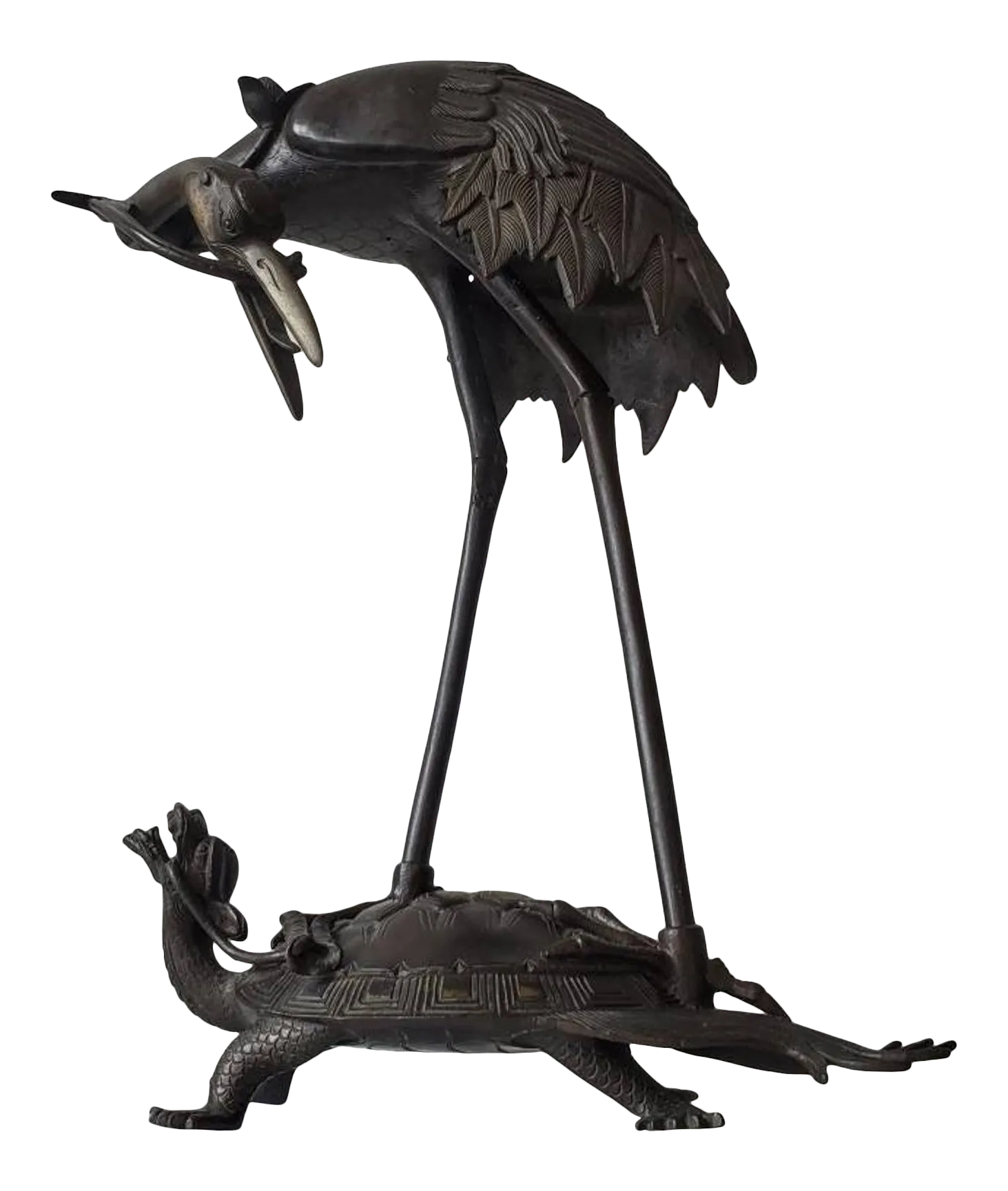 【手彫】伝統的な日本の木製面 Mid-Century Japanese Bronze Heron Tortoise Sculpture | Chairish