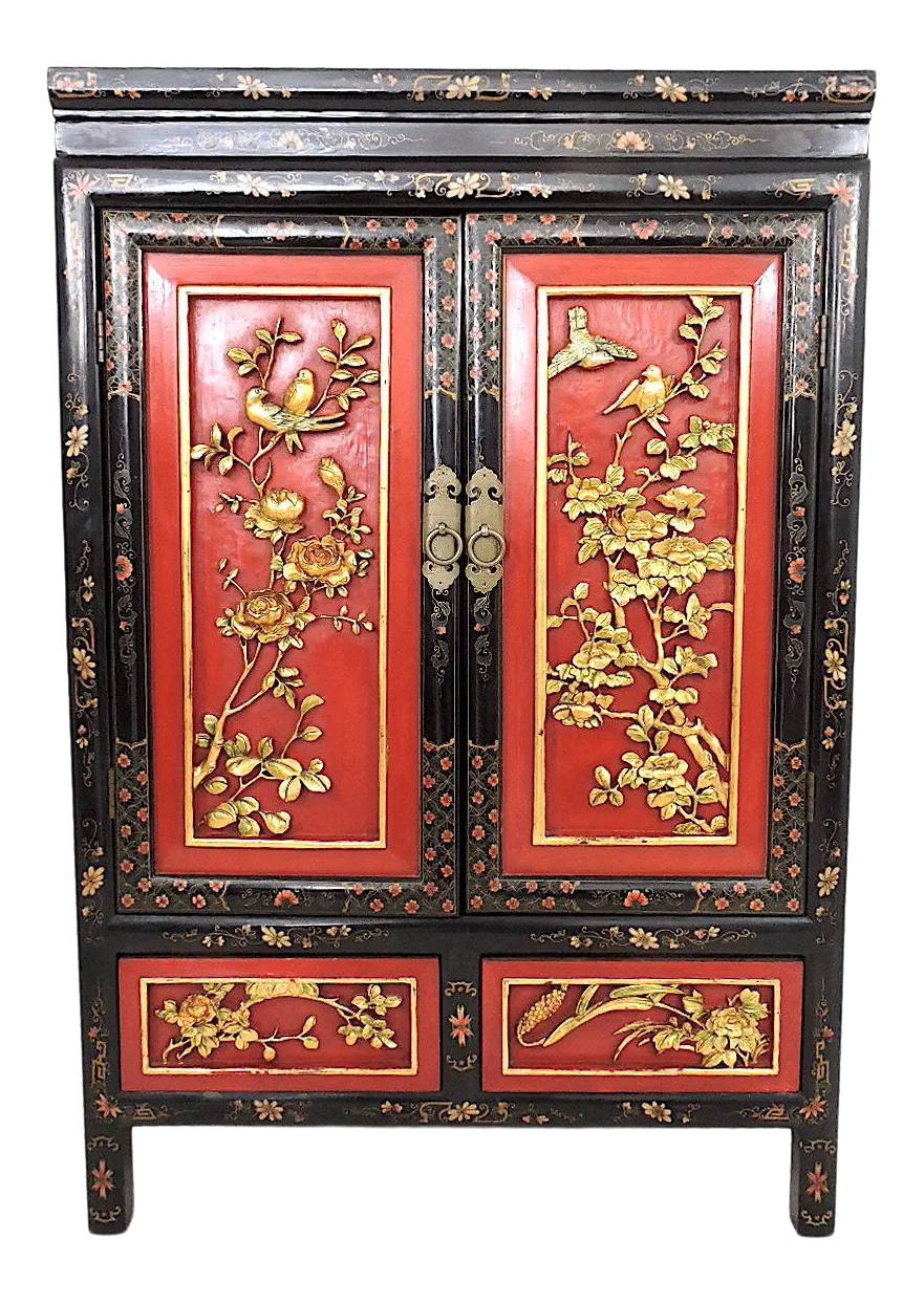1980's Chinese Cherry Blossom Red and Gold Carved Multi Panel Wood