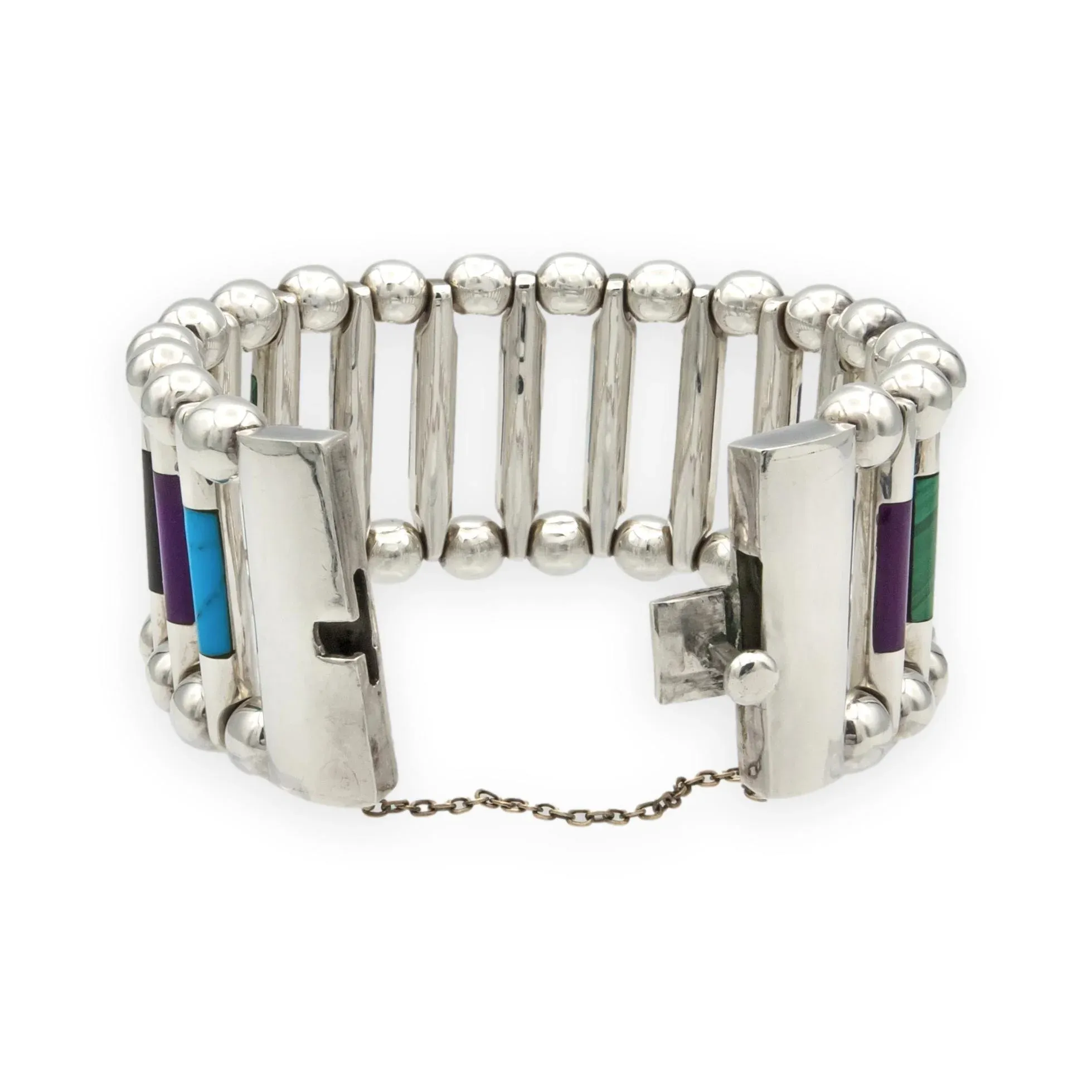 Vintage Tuka Mexican Modernist Silver Gemstone Inlay Bracelet, 1970s, 7.5\