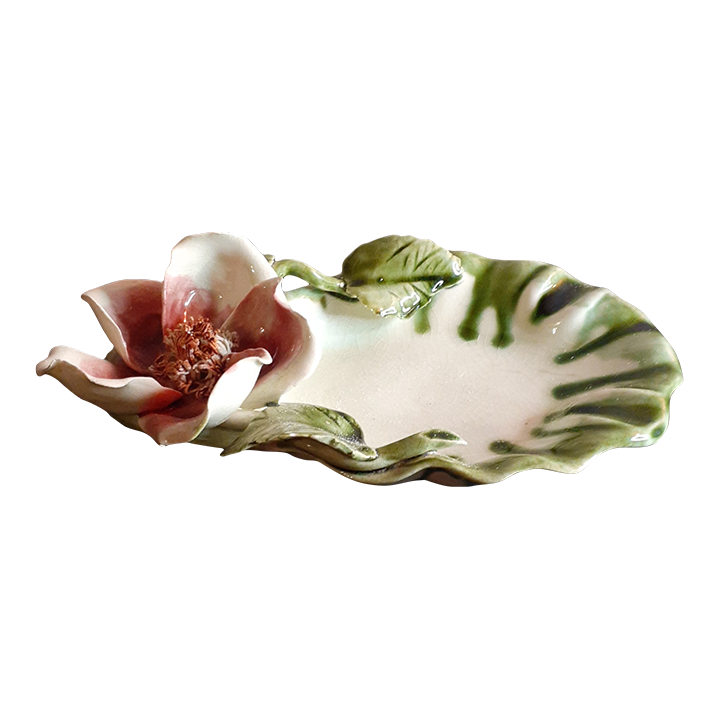 1960s California Pottery Vee Jackson Shell Dish With Applied Magnolia
