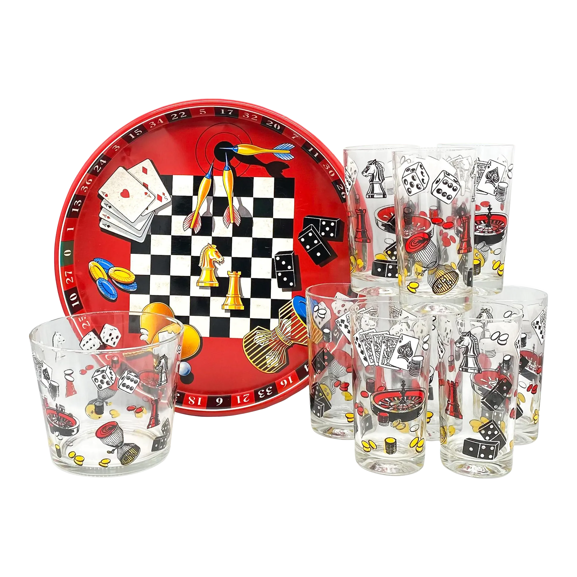 Mid Century Modern Game/ Casino Night Tray, Glasses and Ice Bucket -  Serving Set of 10 | Chairish