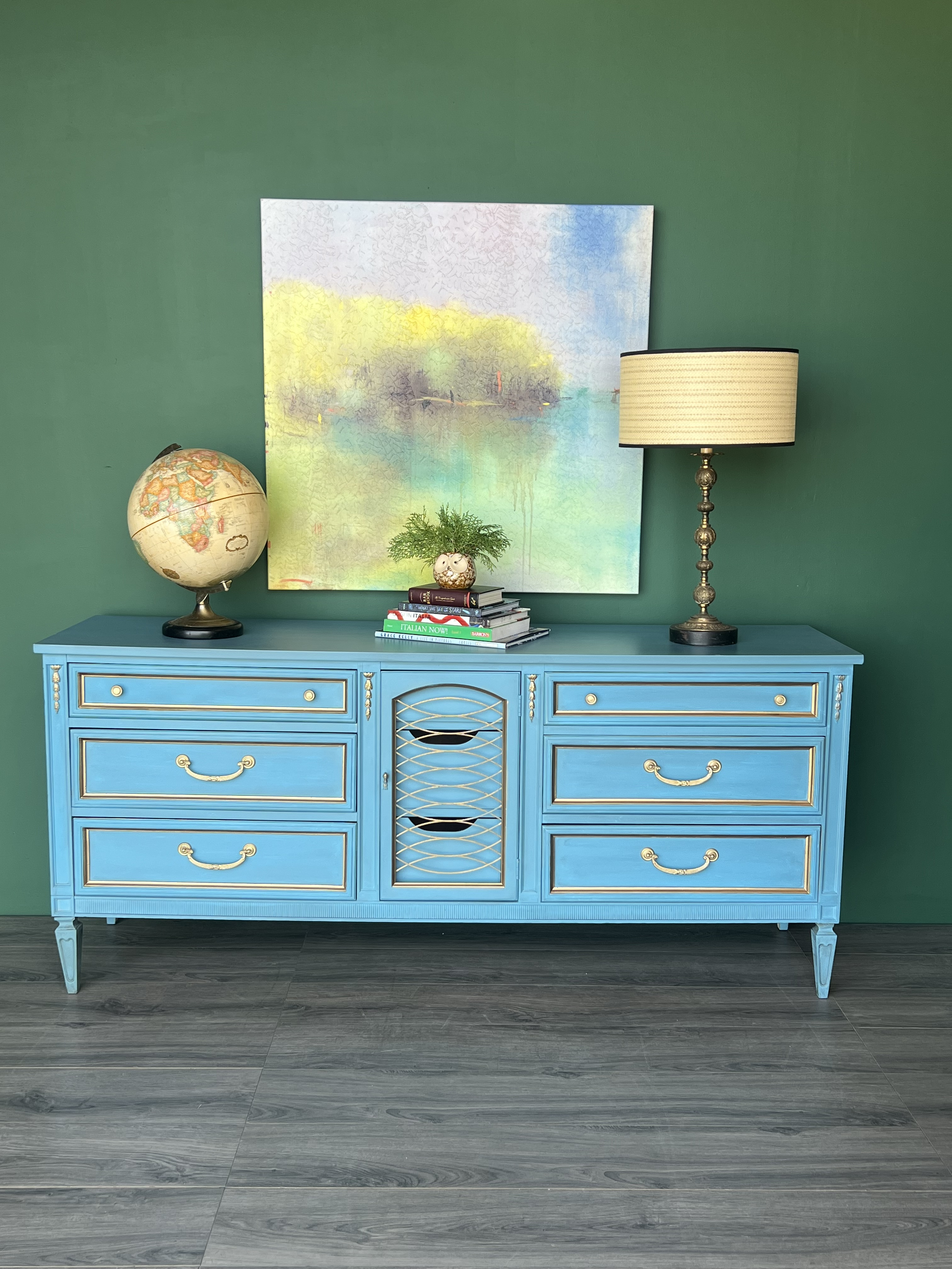 Late 20th Century Mid-Century Neoclassical Style Sky Blue Dresser | Chairish