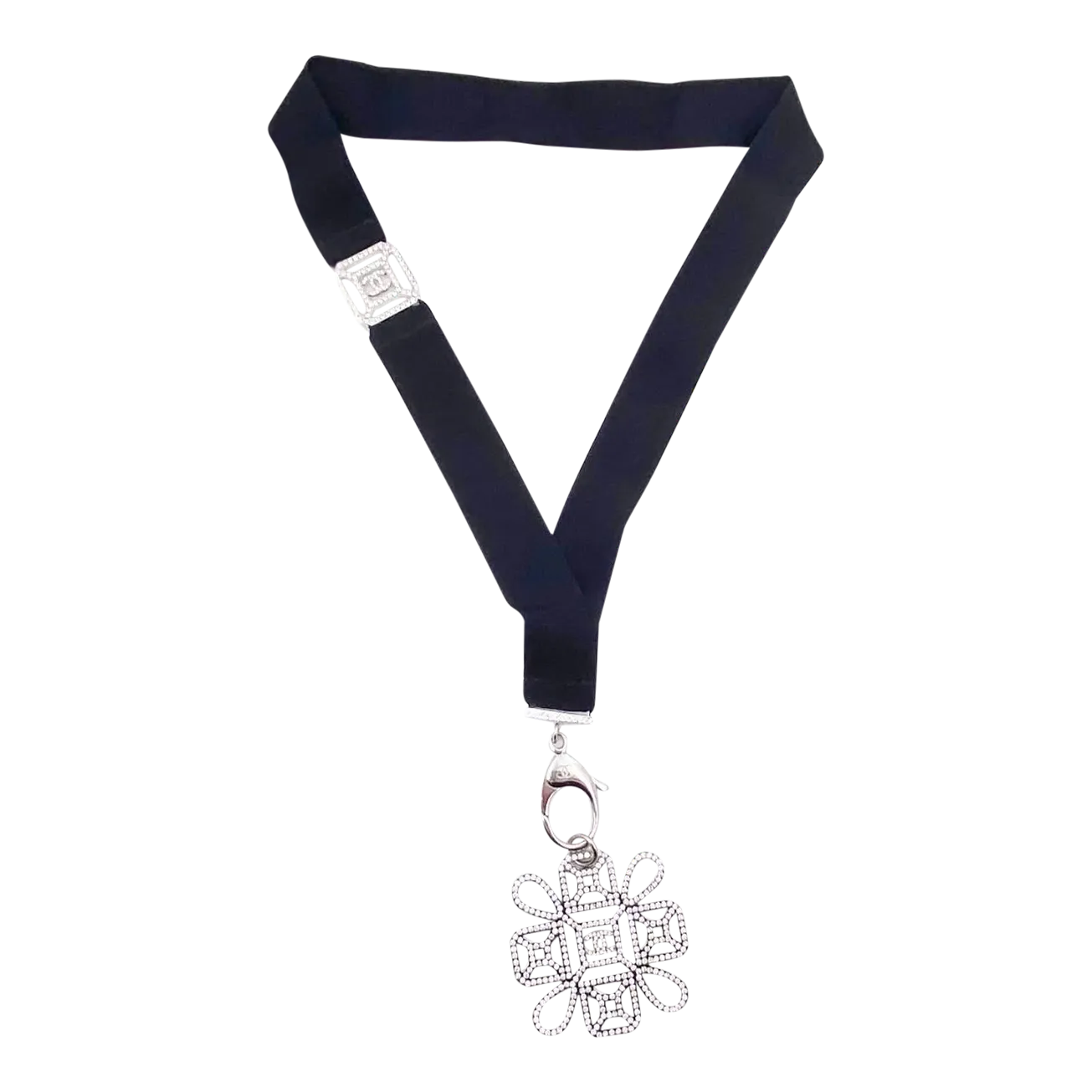 Chanel Silver CC Detachable Crystal Pendant Ribbon Key Chain