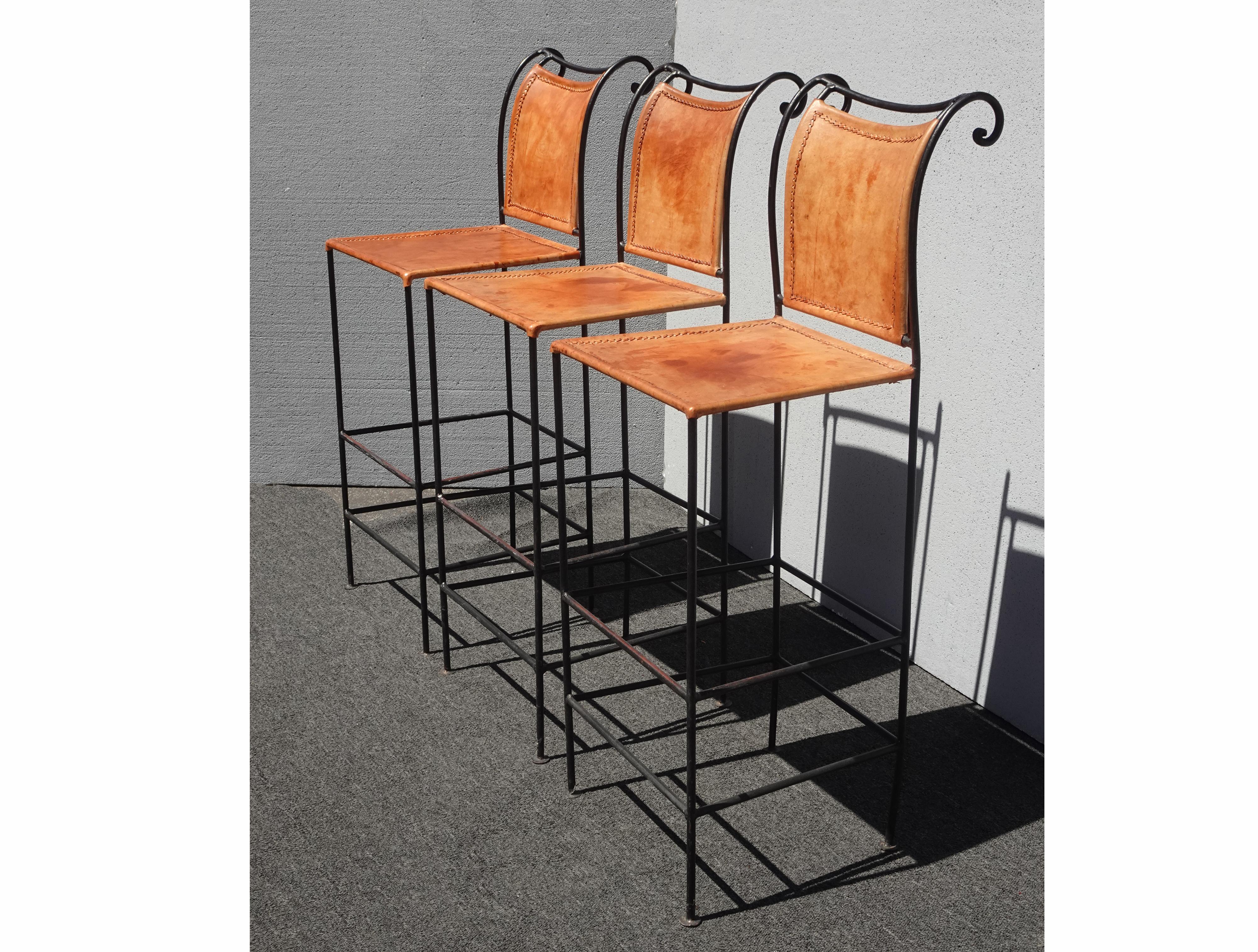 Vntg Dealer Wood And Wrought Iron Bar Stools Set Three Vintage