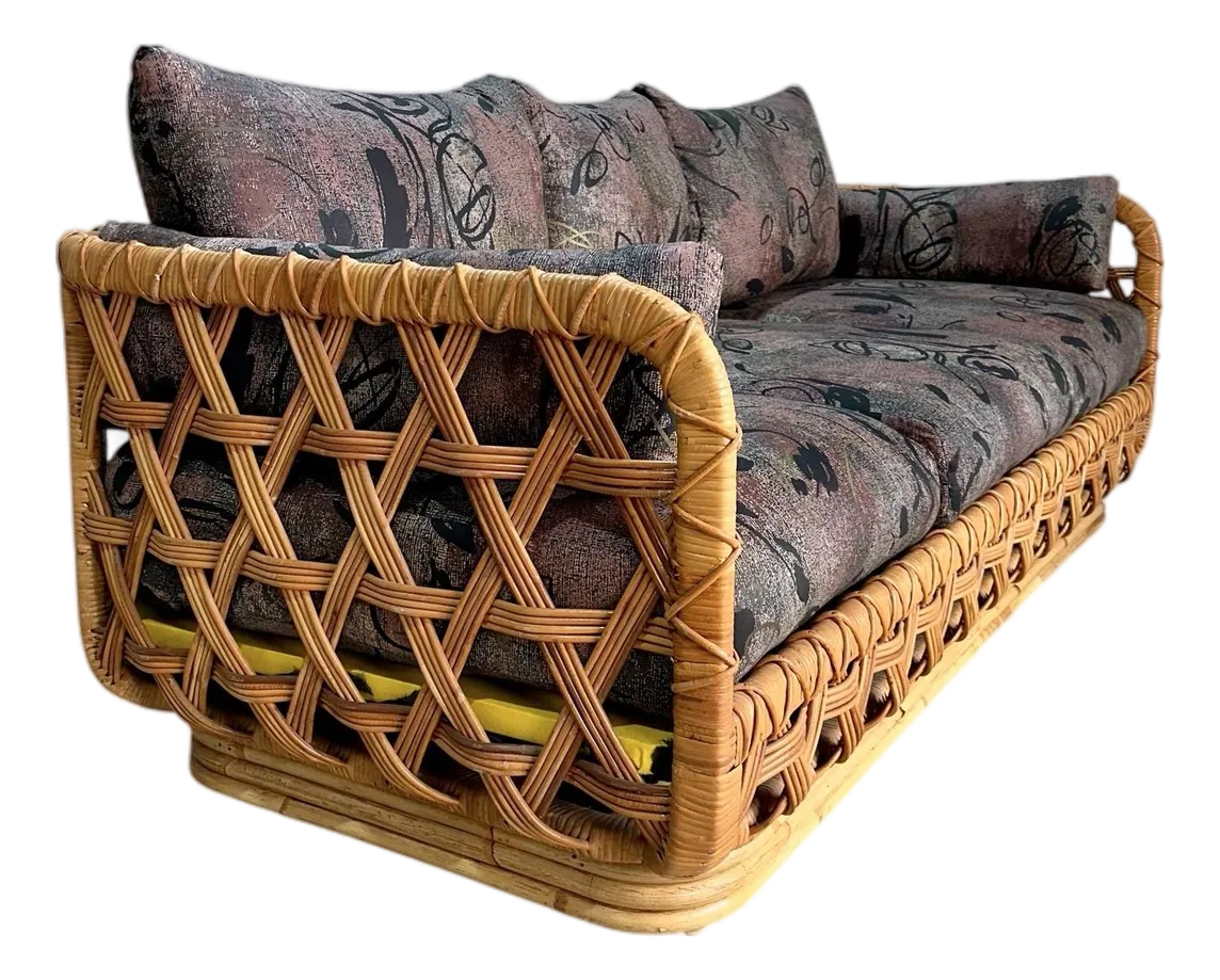 1970s Danny Ho Fong for Tropi-Cal Basket Weave Rattan Sofa