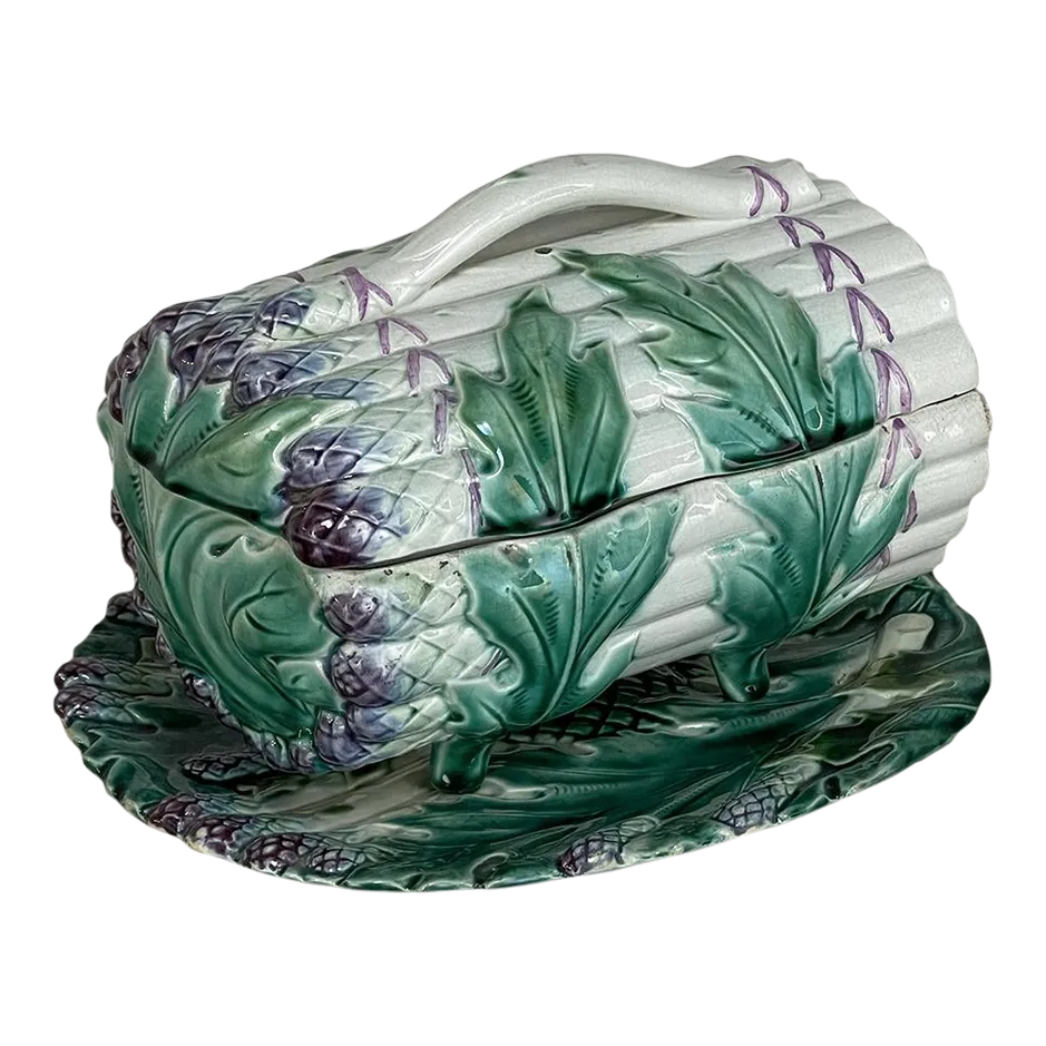19th Century French Barbotine Covered Asparagus Server With Matching