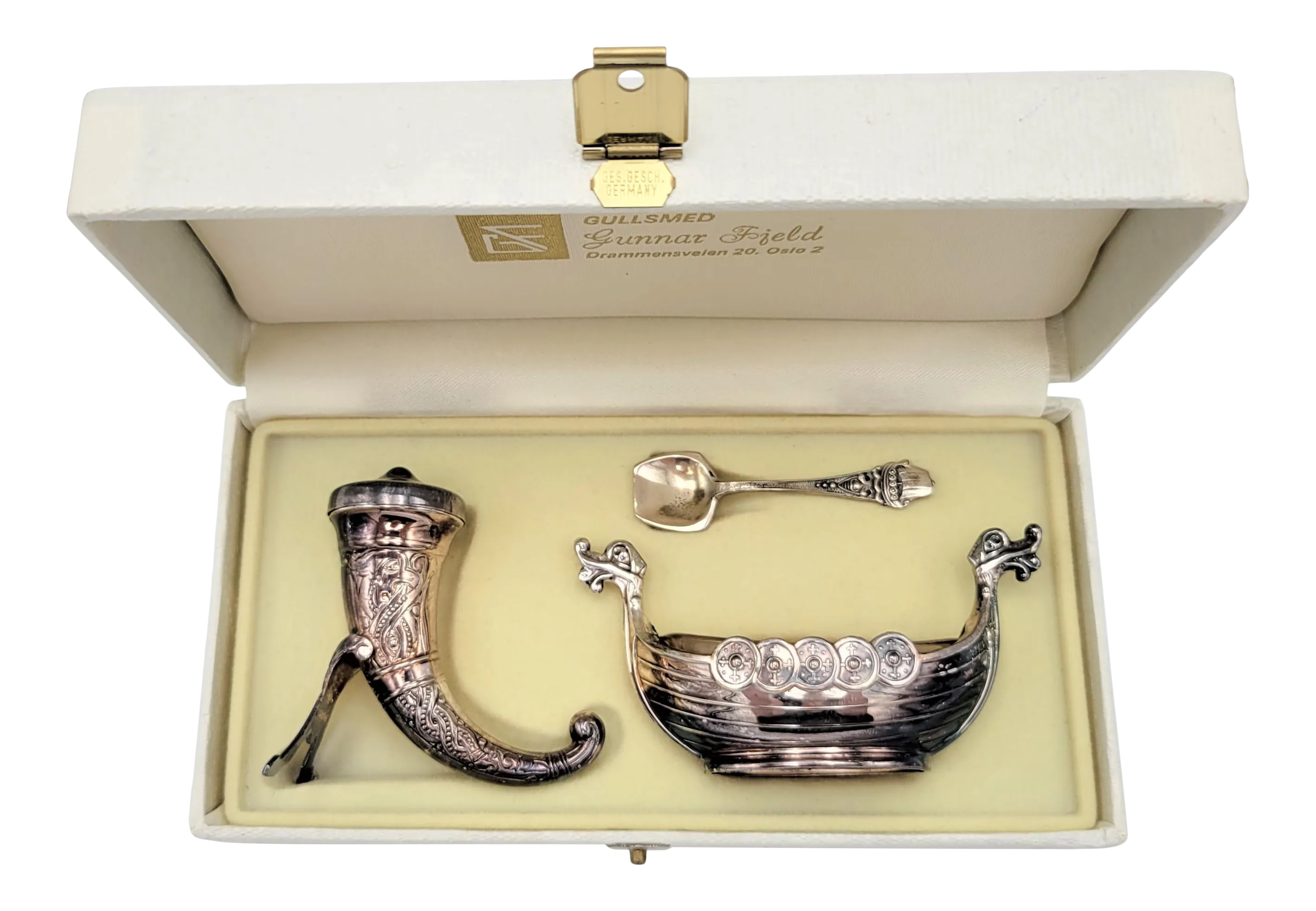 1920s Magnus Aase Norway Sterling Viking Ship Salt Cellar Set in