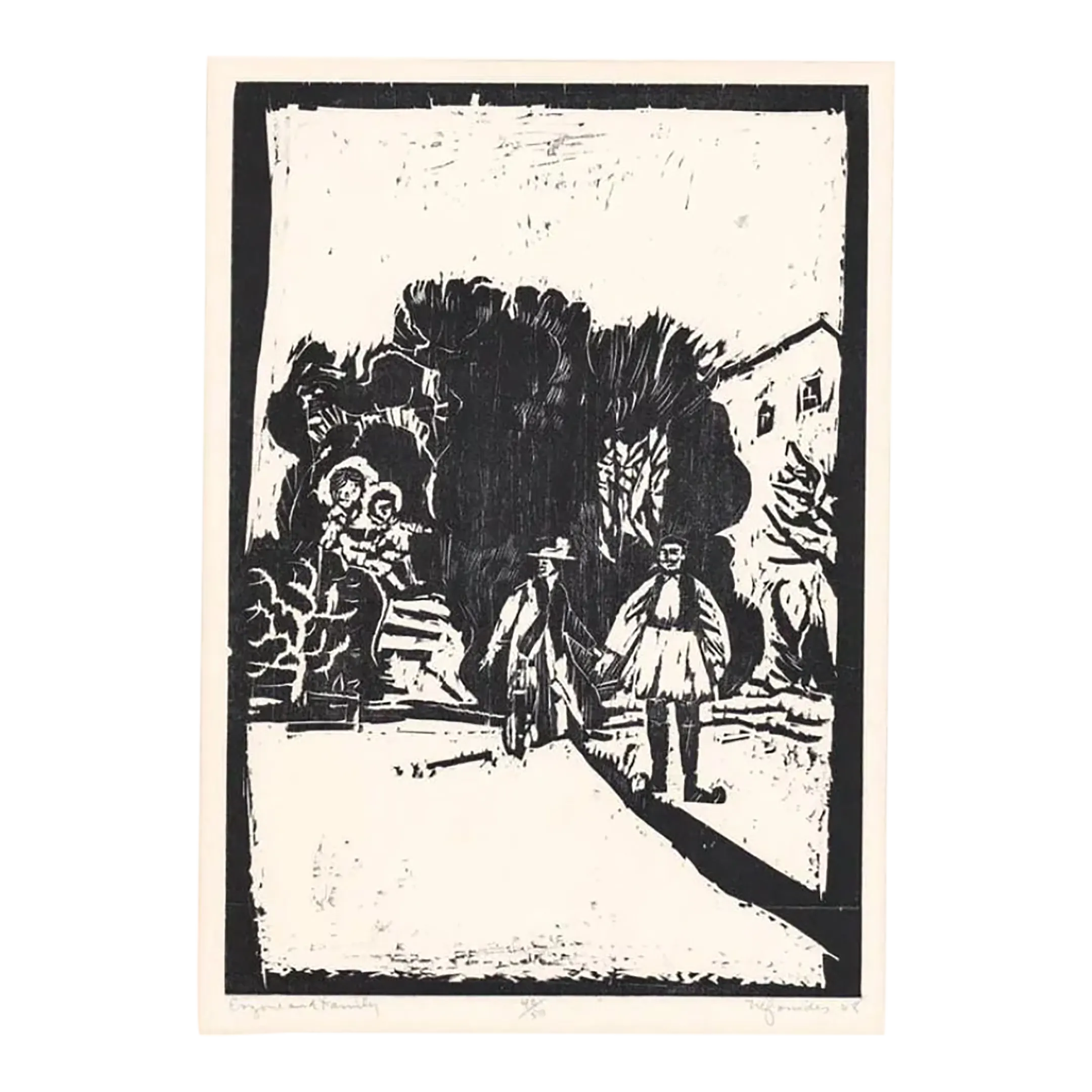 1968 Steven Trefonides Evzone and Family Woodcut