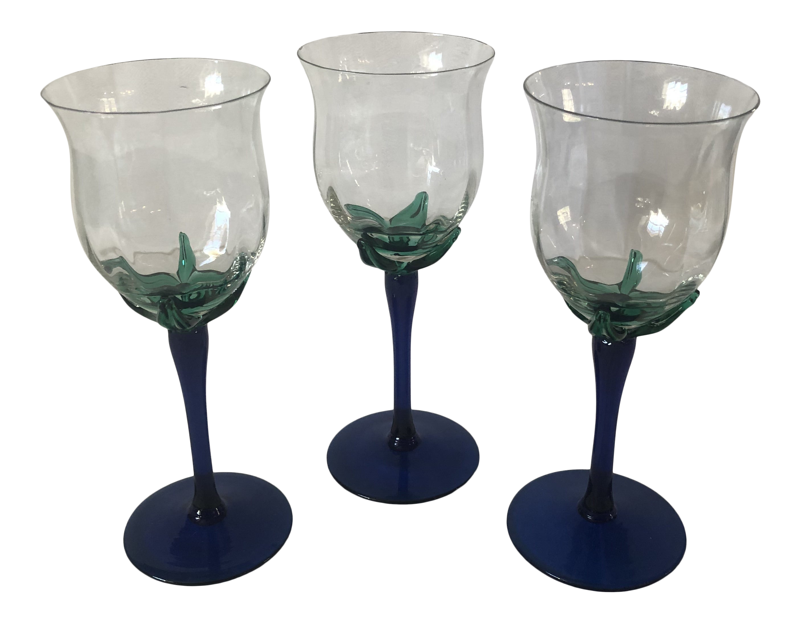 Vintage 1980s Hand Blown Wine Glasses With Cobalt Blue Stem And Green Leaf Detail Set Of 3 Chairish vintage 1980s hand blown wine glasses with cobalt blue stem and green leaf detail set of 3