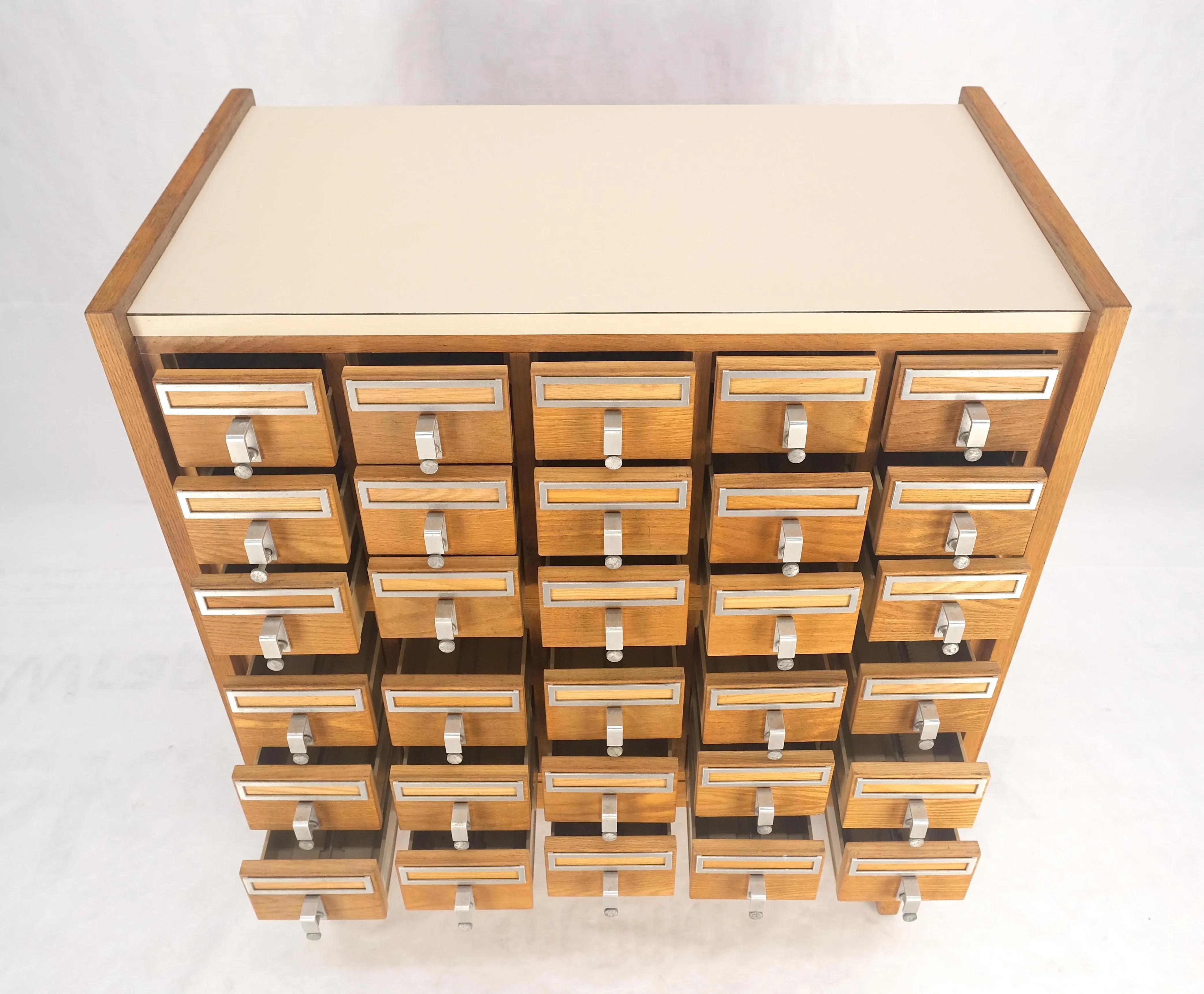 Oak Aluminum Apothecary 30 Drawers Apothecary Cabinet on Solid Legs Formica Top