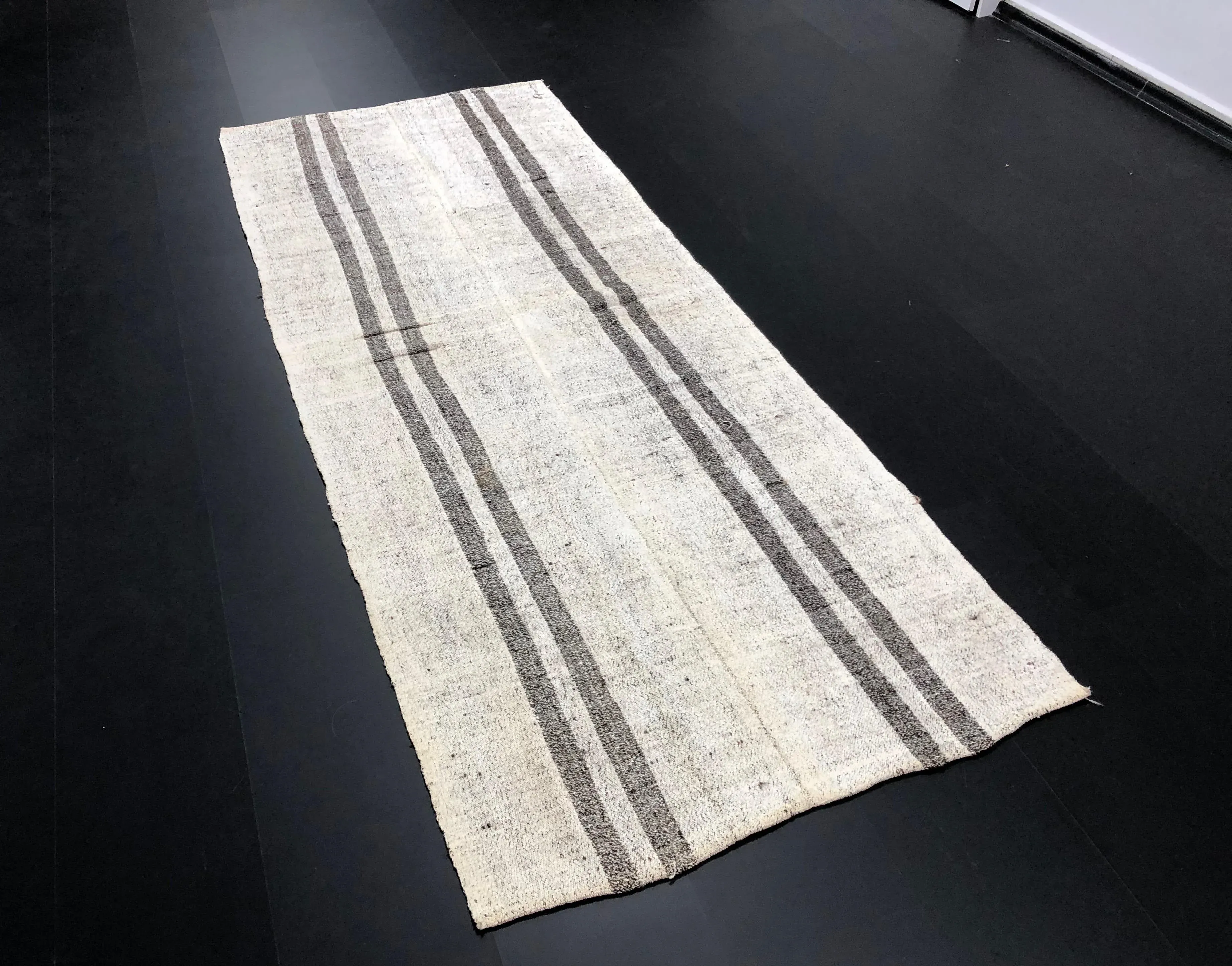 1960s Vintage Organic Wool Aztec Turkish Handmade Striped Kilim Rug- 3′8″ × 9′4″