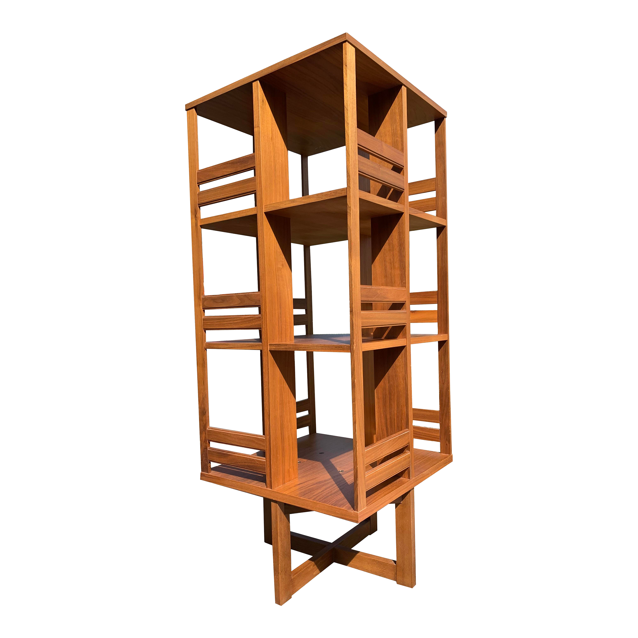 1980s Vintage Danish Style Teak Modern Rotating Bookcase with X Base