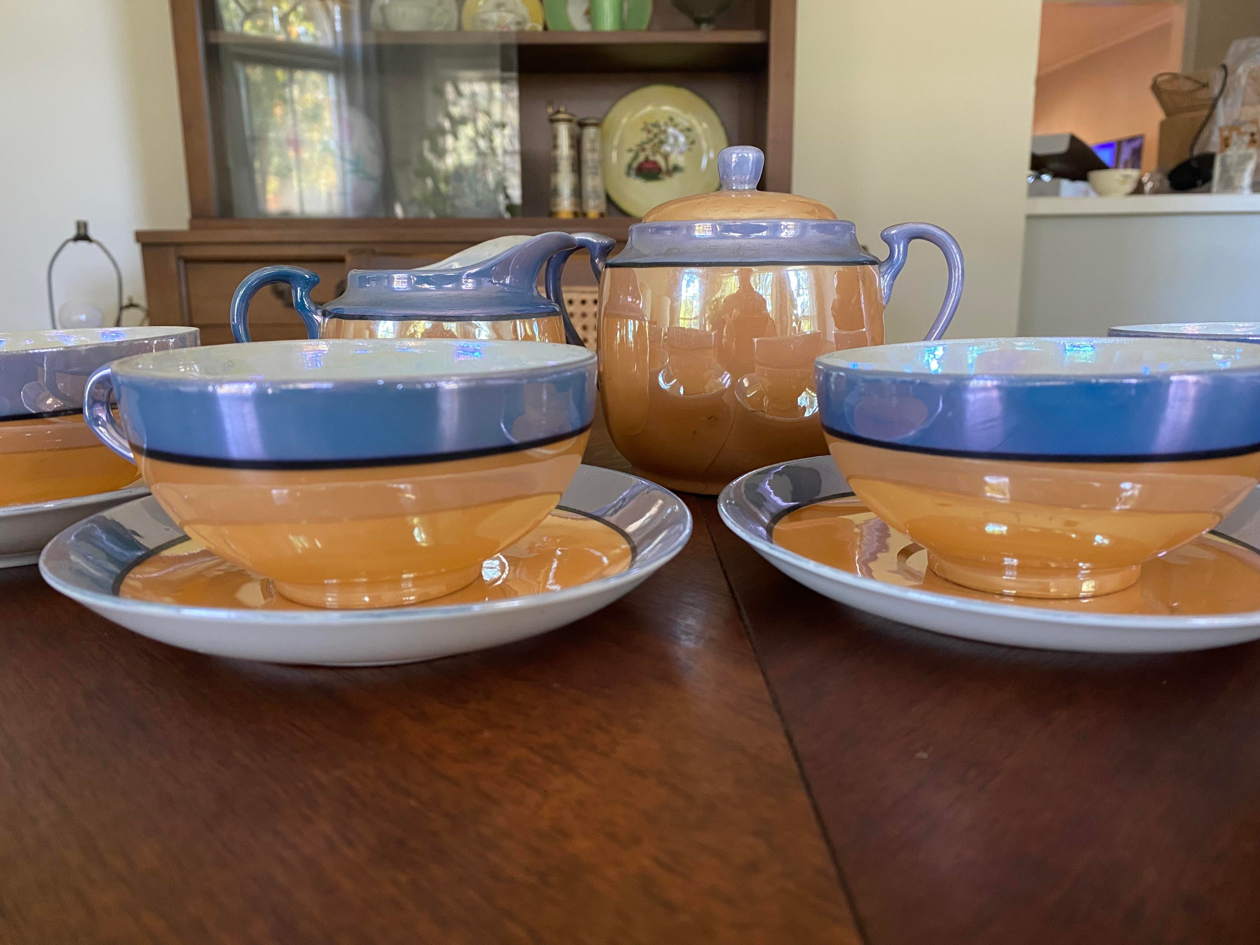 1930s Blue and Peach Japanese Lusterware Tea Set- 15 Pieces