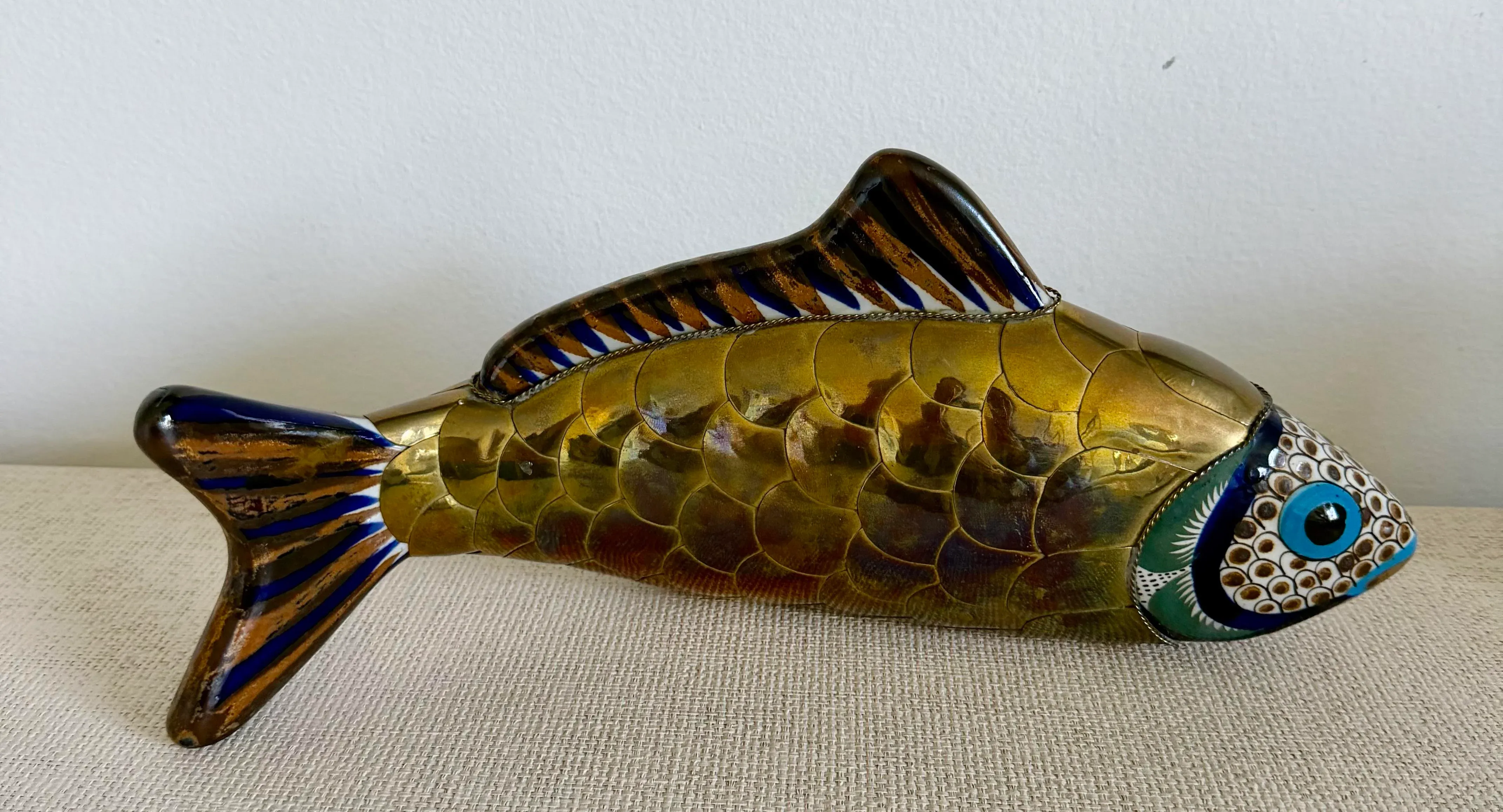 Oversized Sergio Bustamante Style Braas Hand Painted Ceramic Koi