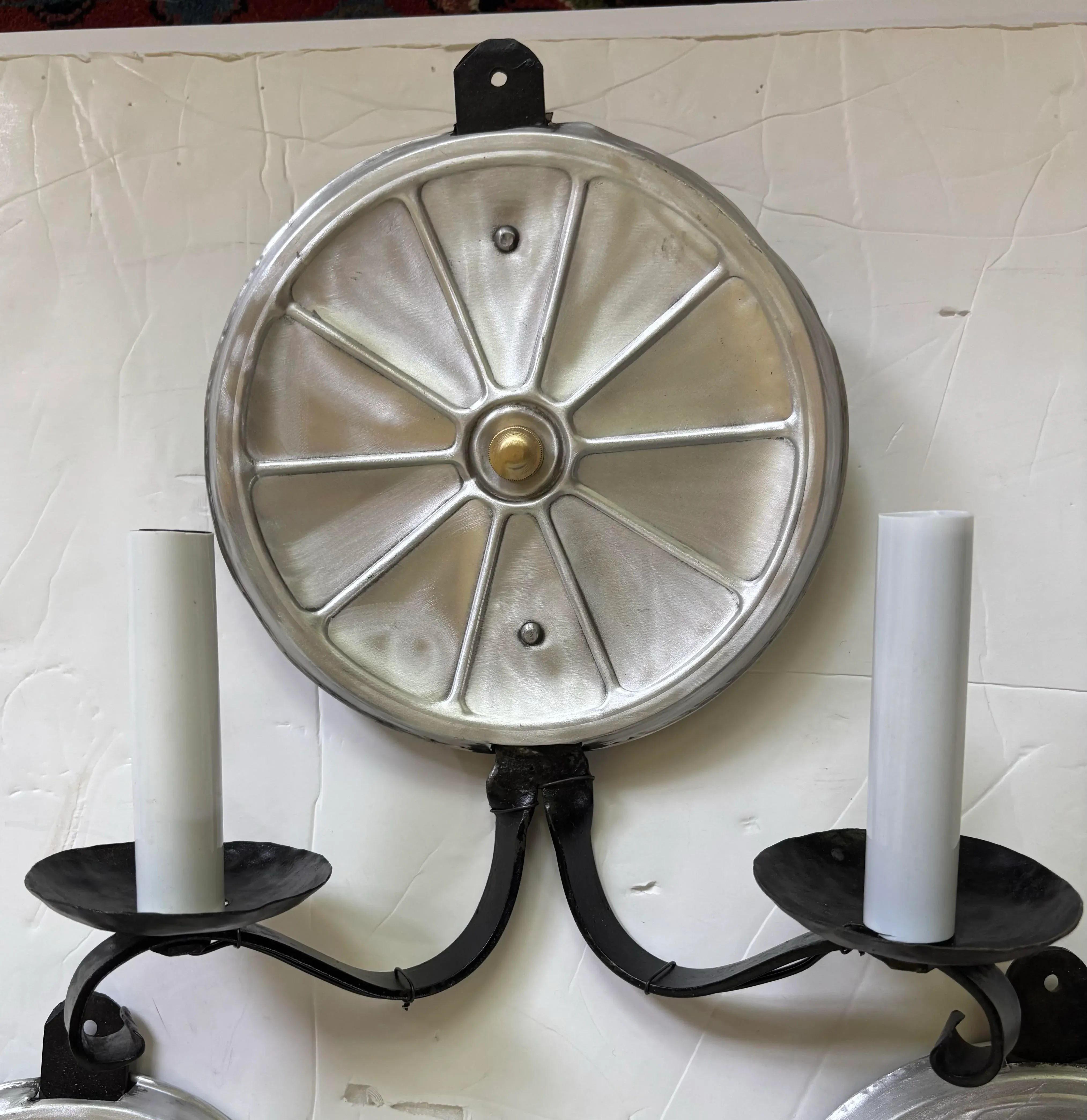 Set of 6 Wrought Iron-Arm Sconces With Pewter Reflectors
