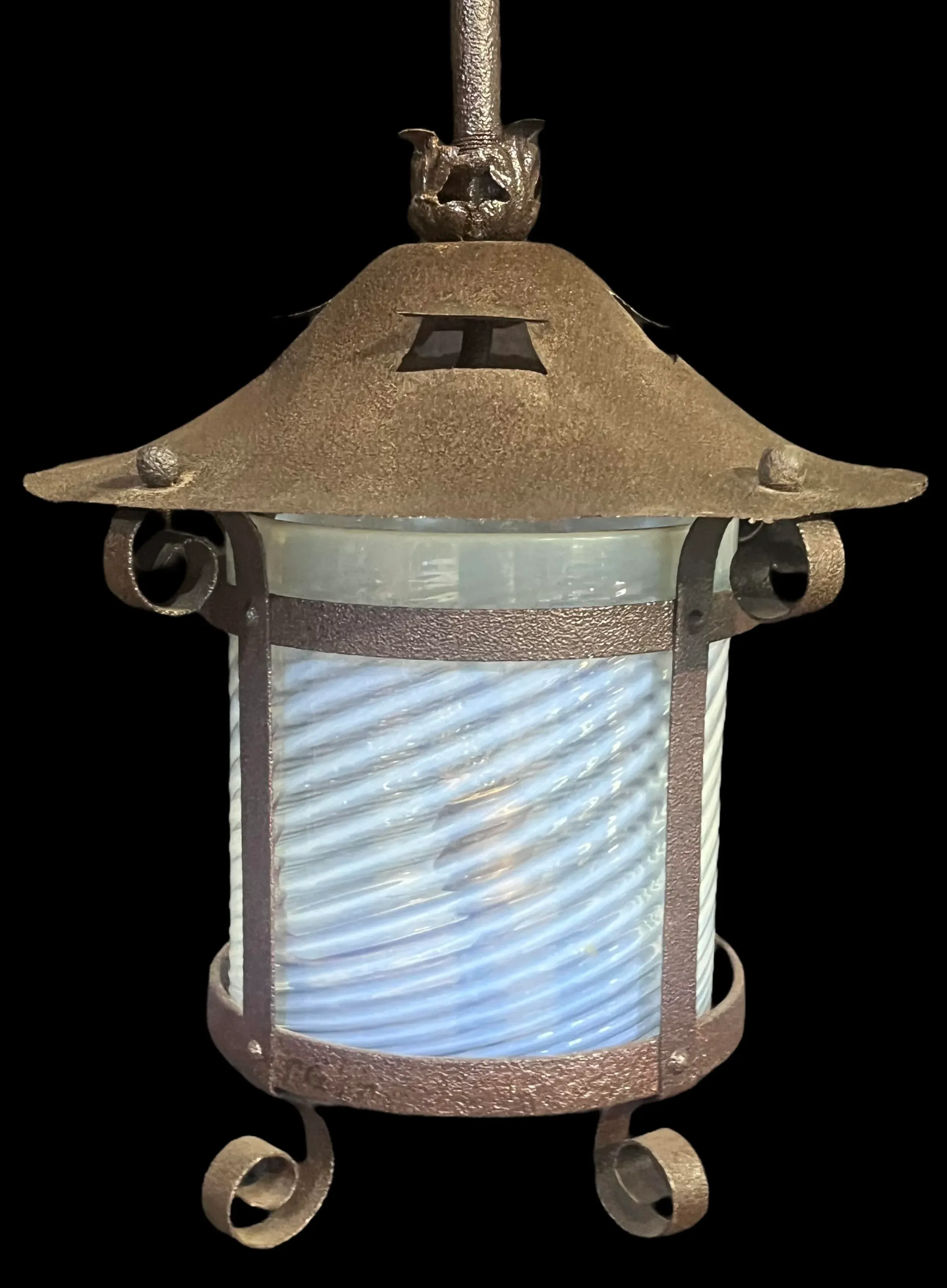 Late 19th Century Dark Cast Iron Pendant Light With Light Blue Shade